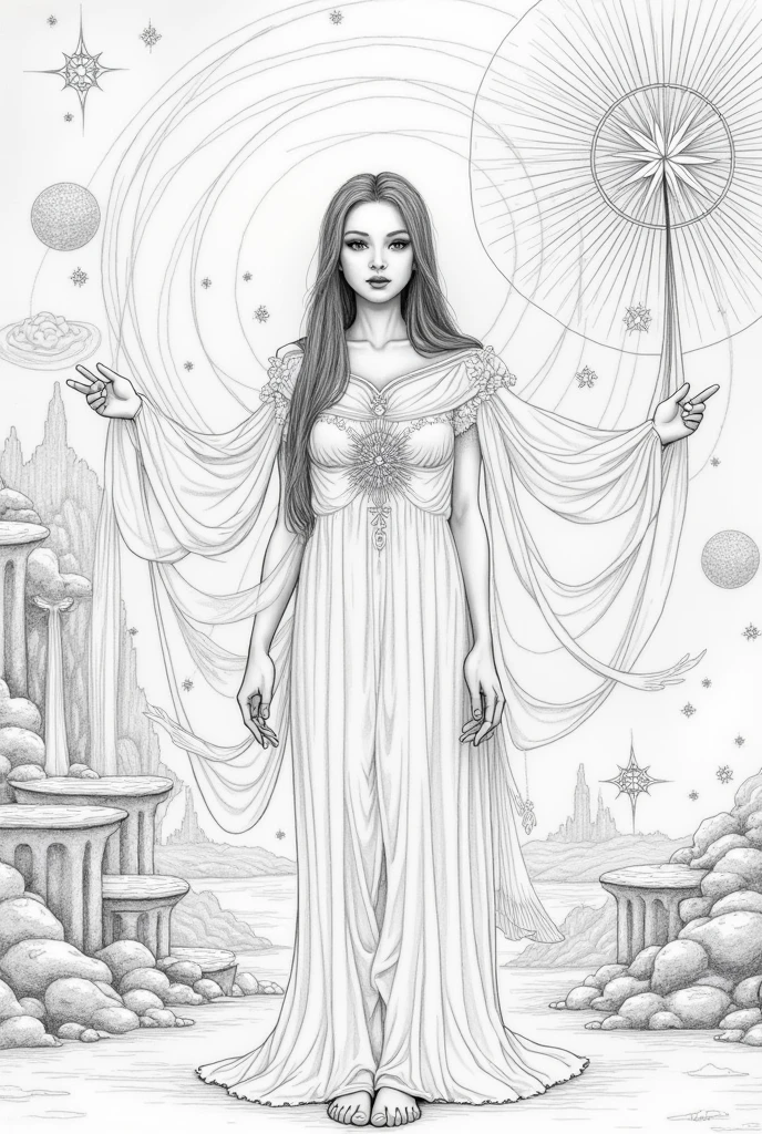 Adult coloring sheet detailed etheral style, only black outlines