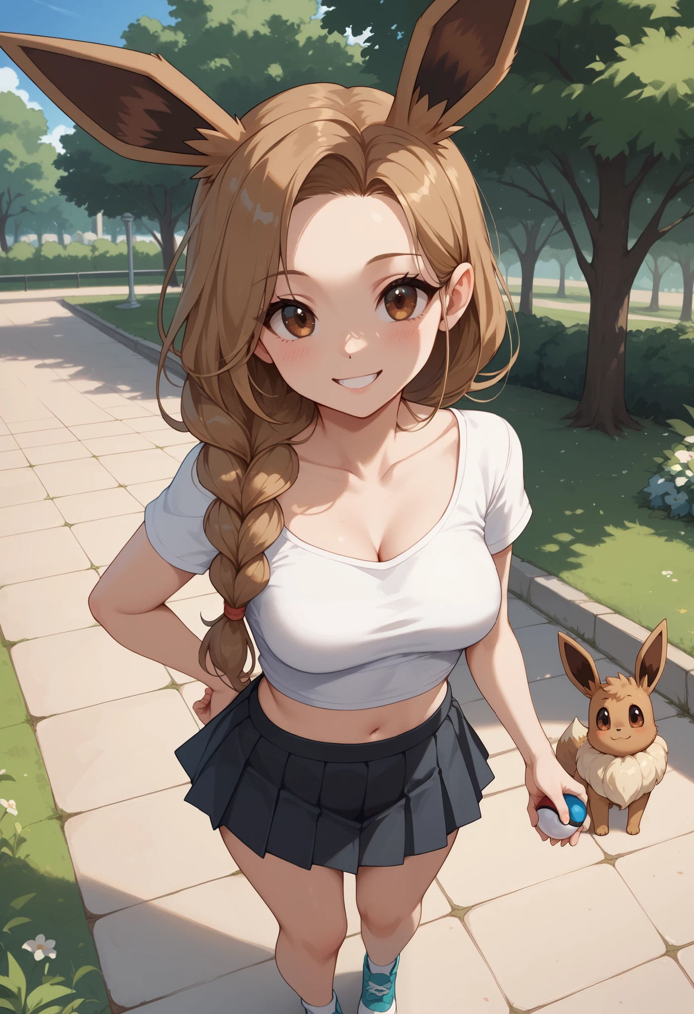 (Masterpiece) (High Detail) (High Res) A full body shot of A very short, cute and petite Human female with pale human skin and brown eyes and long brown braided hair and fluffy brown pointed Eevee ears and a long fluffy brown Eevee tail with a light tip and medium breasts. She is smiling. Human with Animal Ears. From above. She is standing and wearing a white crop top which shows cleavage with a skull on it and black pleated skirt. She is in a park. Trees. Outdoors. Pokeballs.