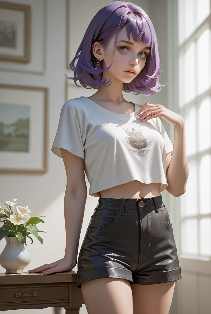 1 girl, Beautiful vintage color, watching viewer (Bright long white oversized t-shirt (plain color), instagram (Photorealistic, High Resolution: 1.4), ((expressive eyes)), full - body (8K, RAW photo, Best Quality, Masterpiece: 1.2), (Realistic, Photorealistic): 1.37), (soft focus: 1.2), Professional lighting, Photon mapping, radiosity, physically based rendering, (White Skin Skin: 1.2), (Small: 1.2), viewer's gaze, (Medium Hair: 1.5), Portrait, Purple eye, (light blue hair: 1.2), Bangs, (Simple background: 1.4), 独奏, upper-body, Realistic, (Masterpiece: 1.4), (Best Quality: 1.4), (glossy skin), fashionable woman, makeup, Smile (Skinny, mouth closed, Shy: 1.3), (Standing, Plain long white oversized t-shirt and black pants), Medium bust, Front pillar, Hands folded behind his back, White wall background, No need for a picture on a t-shirt,