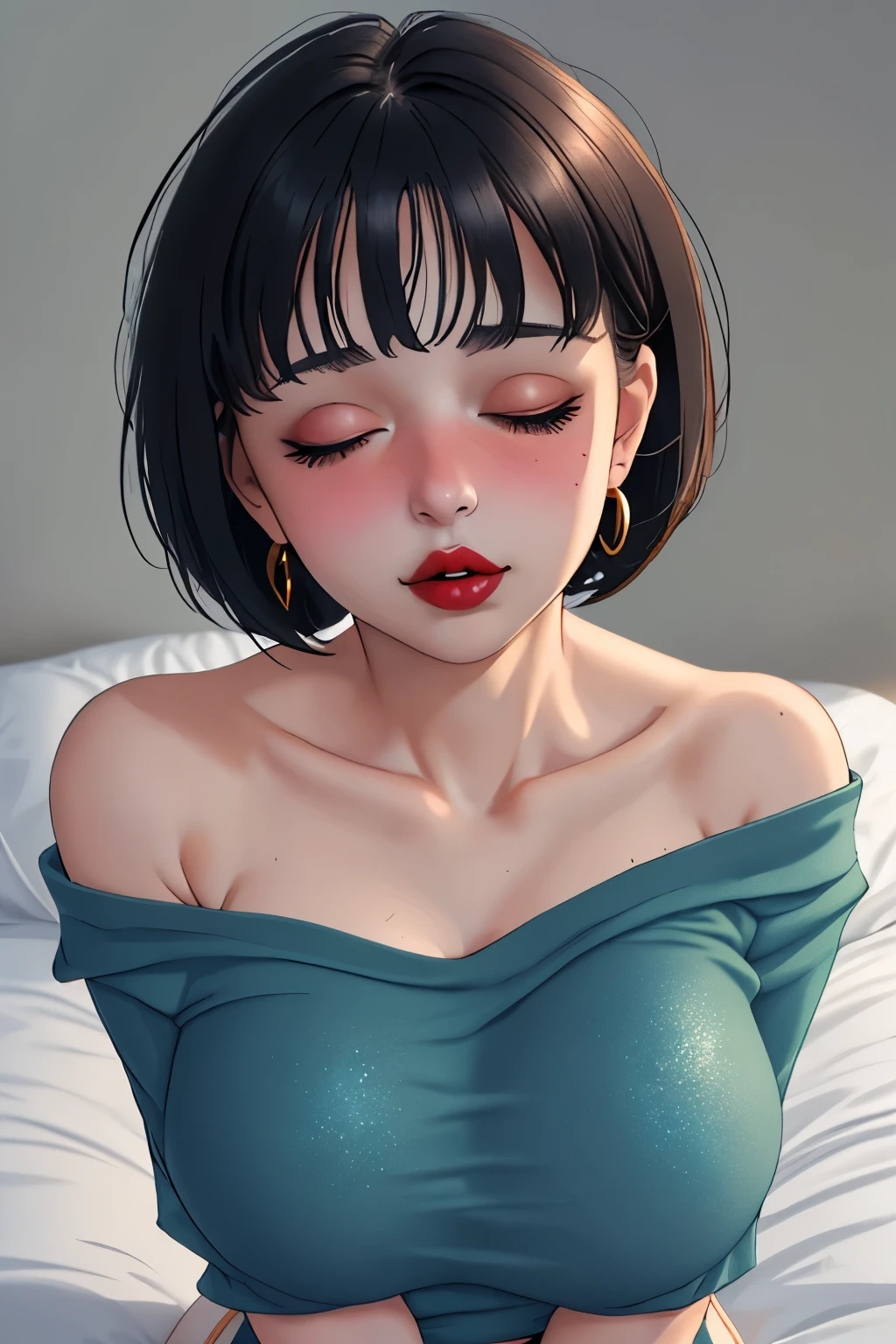 Upper Body, Young Woman, 20 Years Old, Beautiful Face, Highly Detailed Face, Highly Detailed Skin Texture, Fine Eyes, Brown Eyes, Double Eyelid, Thin Eyebrows, Glitter Eyeliner, Natural Cheeks, Shiny Skin, Green T-Shirt, Denim Shorts, Earrings, Glossy Lips, Parted Lips, Enchanting Smile, Short Hair, Bob, Focus On Chest, Focus On Face, Upper Body Shot, Off-Shoulder T-Shirt, Small Breasts, Lying On Bed, High Resolution, Accurate, Anatomically Correct, Best Quality, High Details, High Quality, Super Detailed, Textured Skin, Black Hair, Breasts, Hoop Earrings, Blush, Parted Lips, Makeup, Nose Blush, Heavy Breathing, Light Blush, Full-face Blush, Red Lips, Flustered, Half-Closed Eyes, Naughty, Naughty Face, Close-Up, Depth Of Field, Short Hair, Bob Cut, Laying Down On Bed, Face Up, Head On Pillow