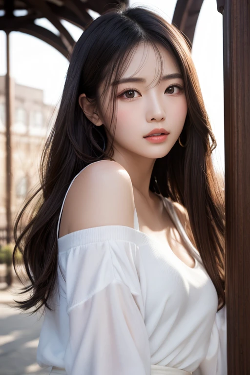 Top Quality, Realistic, 8K, Solo, Smile, Masterpiece, One Girl, Bokeh, Depth of Field, Professional Lighting, High Resolution, Gorgeous, Bangs, Lens Flare, Cute, Photorealistic : 1.37, Earrings, RAW Photography, Absurdity, Watching Viewer, Skindentation, Female, Full Body, Masterpiece: 1.2, Portrait: 0.6, Necklace, pureerosface_v1, skinny, dynamic pose, mole, floating hair, lips