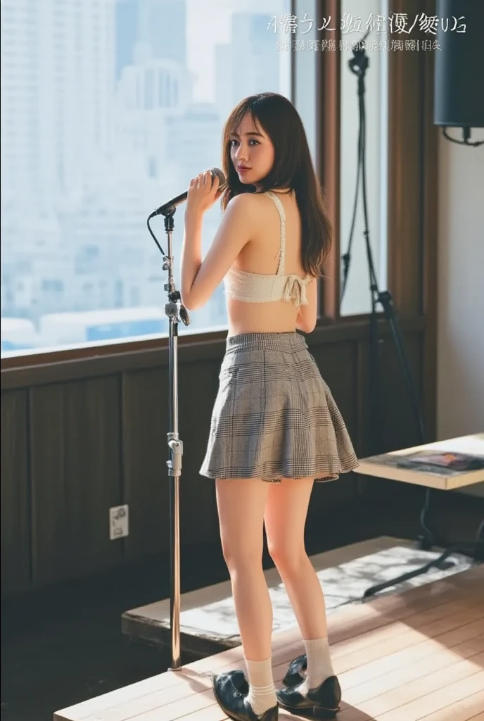 large full breasts、Slimed、de pele branca、from the rear、Smiling Japan model、Young Sensual Gravure Idol、Young cute gravure idol、Realistic Young Gravure Idol、Realistic sensual gravure idol、Young gravure idols、sophisticated gravure idol、奈良美智、Young skinny((One woman in one image))(((Panties that change color to image object)))((Never take off your underwear or skirt:1.5))((best qualtiy, in 8K, tmasterpiece:1.3)), Beautiful single woman with perfect figure:1.4, Slim abs:1.2, ((Wavy medium hairstyles, huge udder:1.2)), Changing the outfit of the idol:1.5(Live stage of a 25-year-old idol singer:1.4),((There is only one microphone in the hand:1.5))(((When singing in a skirt on stage、I see a little panties:1.5))),Highly detailed facial and skin texture,A detailed eye,二重まぶた,A sideways glance at the camera,open-shirt,Sweet smile,(Gorgeous and luxurious stage)((Skirt is a long skirt))((1-person stage))((The background is an outdoor live venue band))((The skirt is not shortened from the middle:1.5))