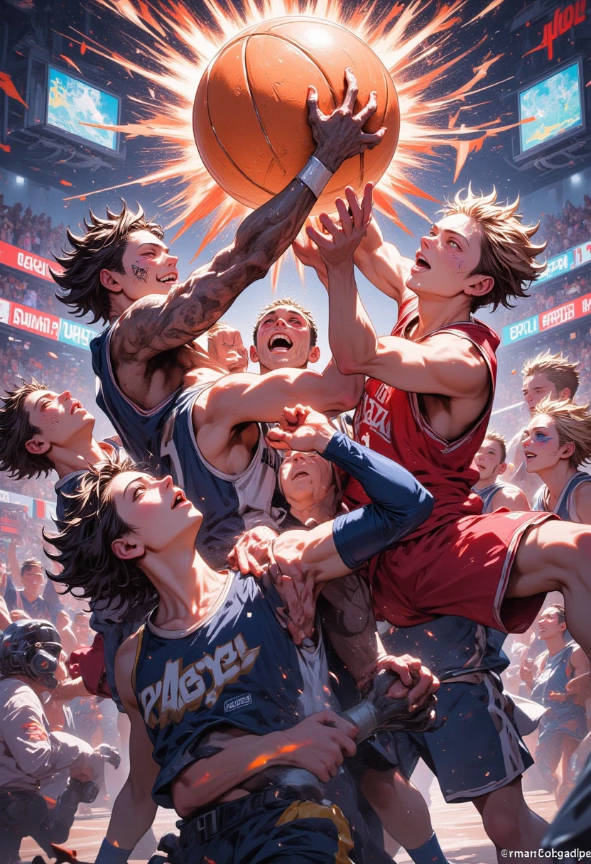 Basketball game, Players fighting for the ball, Large group of players, Dynamic composition, Speed, anime style, manga,