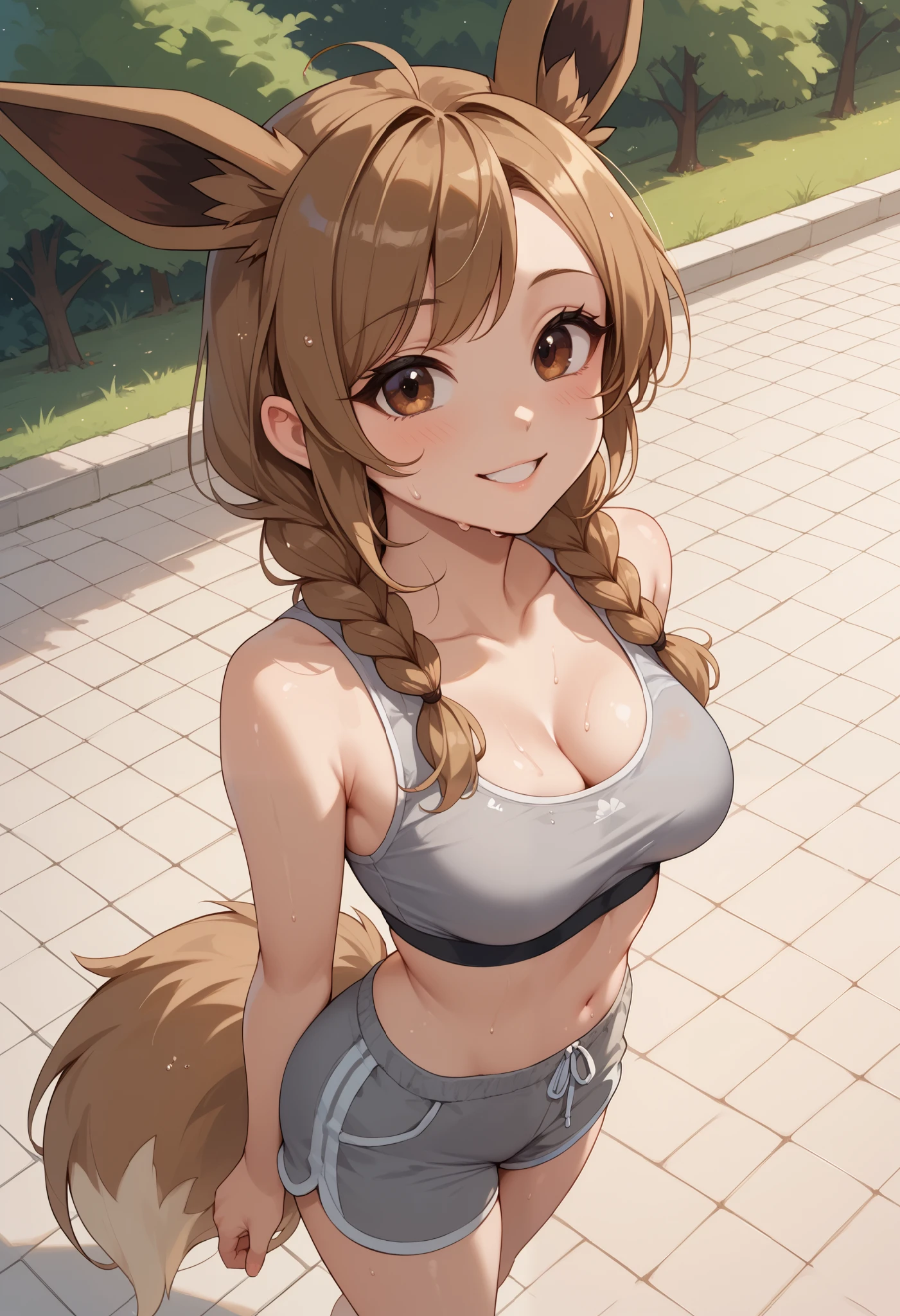 (Masterpiece) (High Detail) (High Res) A full body shot of A very short, cute and petite Human female with pale human skin and brown eyes and long brown braided hair and fluffy brown pointed Eevee ears and a long fluffy brown Eevee tail with a light tip and medium breasts. She is smiling. Human with Animal Ears. From above. She is standing and wearing a grey sports bra which shows cleavage and grey sports shorts and trainers. She is in a park. Trees. Outdoors. she is sweaty. 