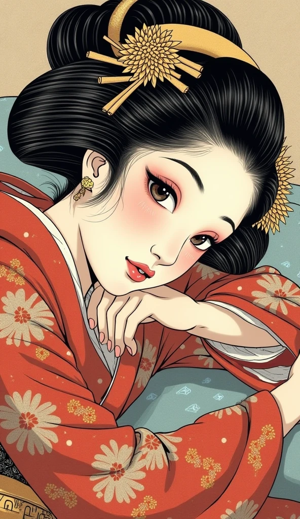 Art vintage japonais, Conception de t-shirts, art vectoriel, art plat:1,4. \\ (japonaise, en kimono, best quality, Art officiel, Beaucoup de couleurs, couleurs du japon, ukiyo-e, style shibari , bare shoulders: 1.2)