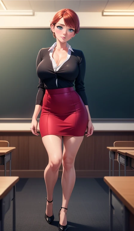 woman, ((Masterpiece, best quality)), full body view, bursting huge breasts, detailed skin, Anna from Frozen as a teacher, in class room  Elegant teacher outfit, over the knee skirt, highly detailed, cinematic lighting, ultra realistic, blush, looking at viewer, anna, anna from movie, adult, naked, milf