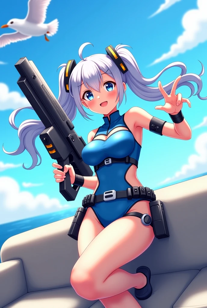Imperial Guard Combat Uniform Swimsuit, o-ring bikini, v gundam, swimsuit, absurdres, highres, solo, cowboy shot, 1girl, neneka nibrou \(cosplay\), wristband, headphone, holster, backpack, holding gun, aiming, perfect hands, wind, (highres,best_quality,masterpiece), hair ornaments, small breast, Shy, SHORT HAIR, WHITE HAIR, RED EYES, HAIR BETWEEN EYES, from behind, from back, looking from back, view from back