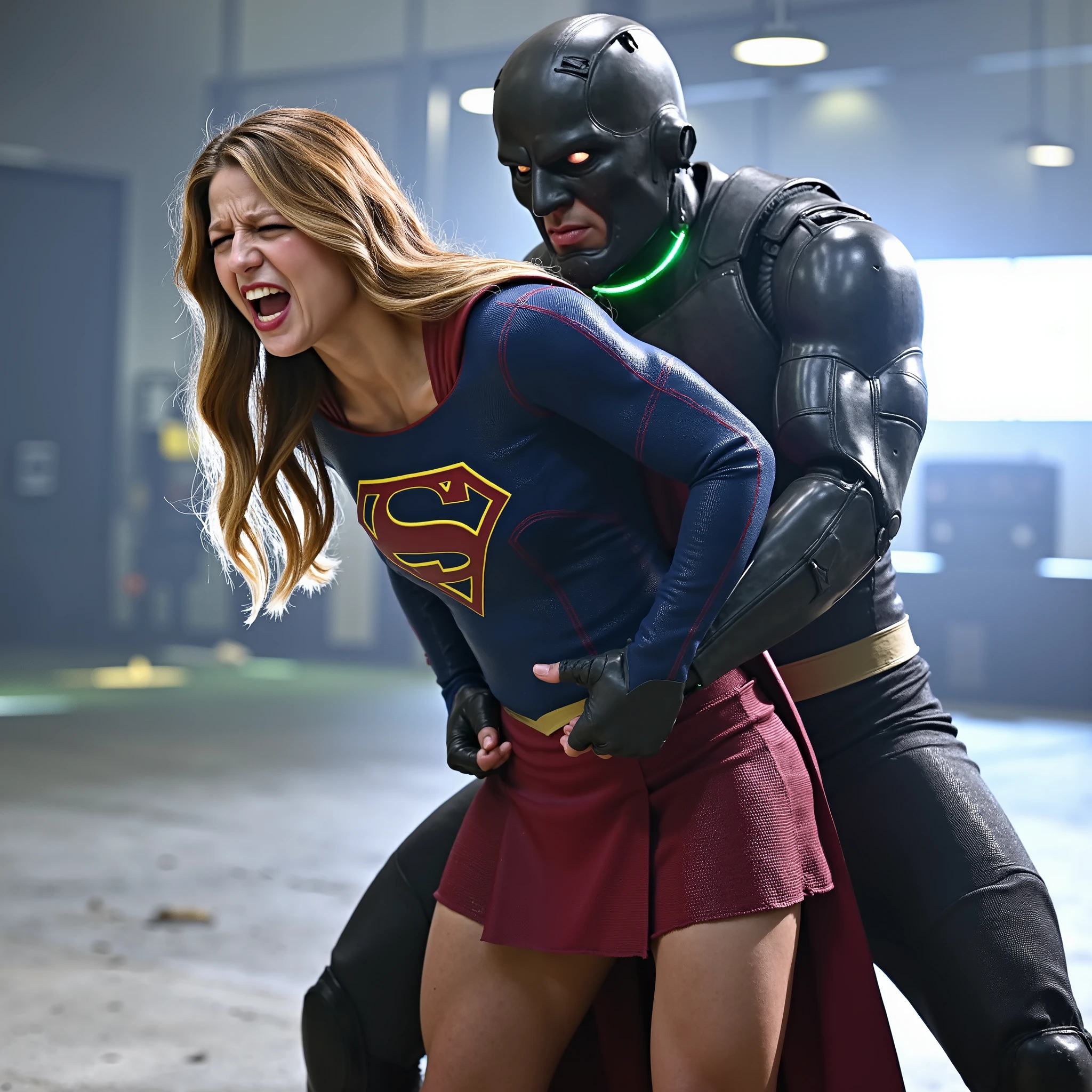 Melissa Benoist as Supergirl, (a very short skirt), fighting with an enemy, she is sexual assaulted from behind by Lex Luther the robot, she bend down, a green lighting collar on her neck, painful face, (Supergirl is screaming in pain), Lex Luther is a strong big robot, he is hugging her tightly from behind, he pull her skirt up and push his penis into her skirt, whole body from head to feet are visible, in the factory, night time, bright spot lighting,