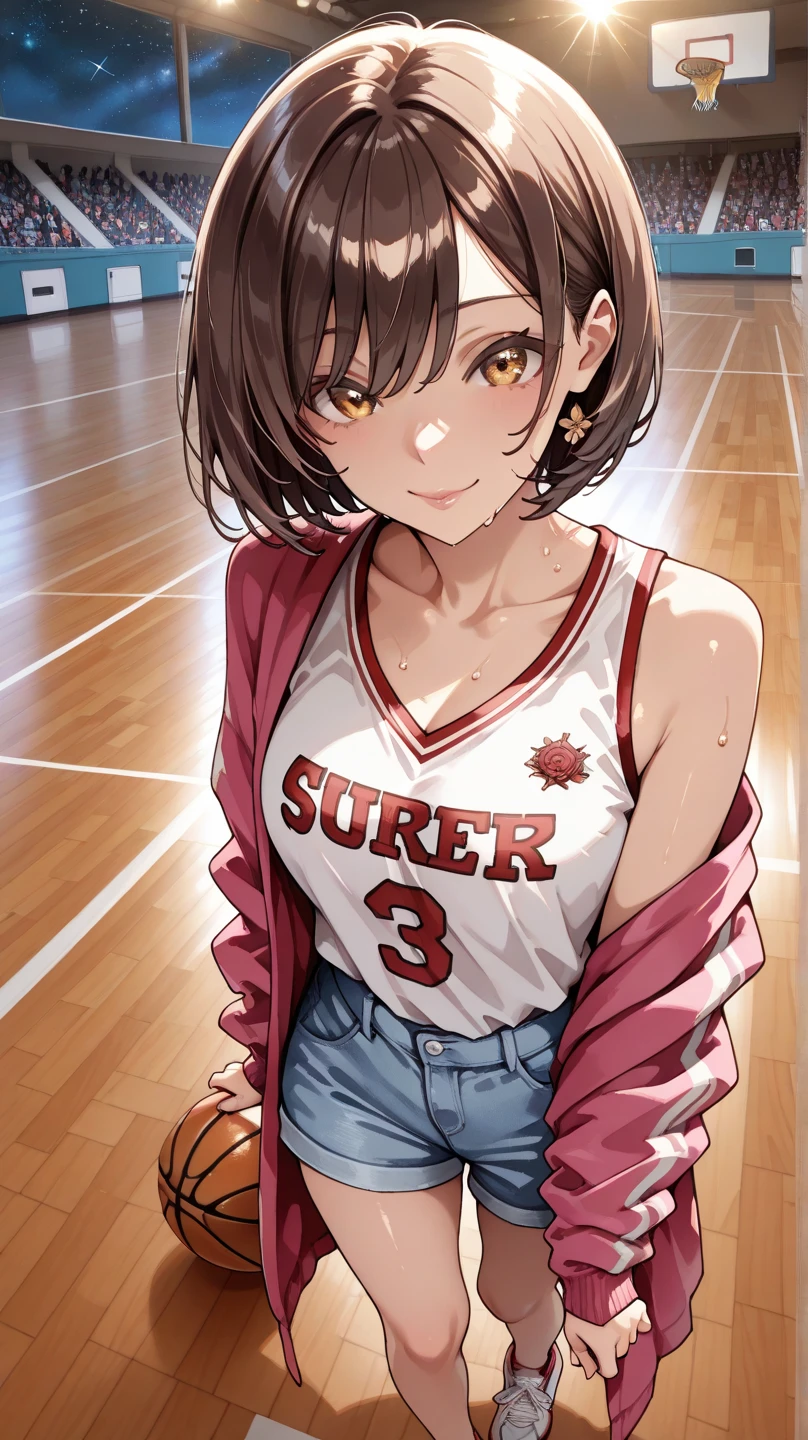 (Highest quality:1.5, High resolution, 超High resolution, 4K, Detailed lighting, Shaders), ((Misaka Mikoto)) ,Solo Shorthair　Brown Hair　Brown eyes　Cool face　　((Basketball Uniform))++　Realistic Gym　 Sweat　Super fatty muscle　　Preparing for exercise　No ball　Sleeveless　Cowboy Shot