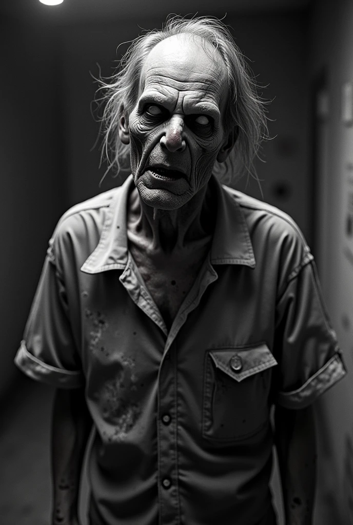 A single Zombie James Watson man black olo shirt in the dark on the room glowing eyes black and white image