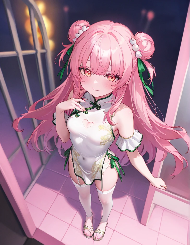 1girl,solo,cowboy shot,standing,(pink hair:1.2), hair bun, double bun, twintails, hair ornament, blunt bangs,(orange eyes:1.2),yellow pupils,(beautiful fingers:1.6),(perfect anatomy:1.6),(arms_behind_back:1.6),(cold_shoulder:1.2),(pink china clothes:1.6), (pink leather lace glossy silk lamé leotard:1.4),(latex luster shiny glossy metallic:1.6),(shiny_clothes:1.6),medium breasts,beautiful breasts,masterpiece,best quality,(Ultra high definition eyes:1.2),8k,(Beautiful detailed eyes:1.2),(Fine and beautiful eyes:1.2),(pretty eyes:1.2),finely detail,extremely CG, absurdres,high resolution,illustration,Detailed and beautiful outlines,finely detail,high resolution,(colorful refraction:1.4,Increase saturation:1.2),beautiful lighting,dynamic lighting,closed room,black background,simple background, smile,looking at viewer,tao,dress, white dress, sleeveless dress,(pink thigh boots:1.4)