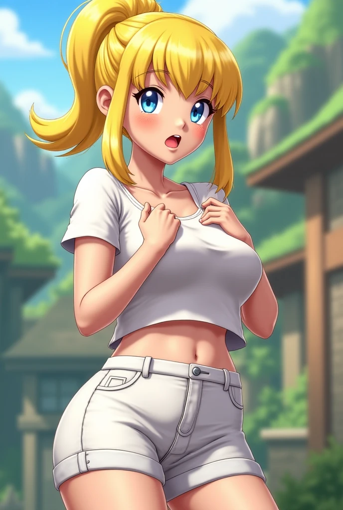 looking away,1girl,arms behind head,arms up,blonde hair,breasts,curvy,earrings,evening,eyelashes,eyeshadow,from below,hoop earrings,huge breasts,jewelry,jogging,long hair,makeup,navel,outdoors,parted lips,ponytail,shiny skin,short shorts,shorts,sidelocks,signature,sky,steam,steaming body,stomach,sweat,tree,underboob,wide hips,sem,roupa)(peito,seios)