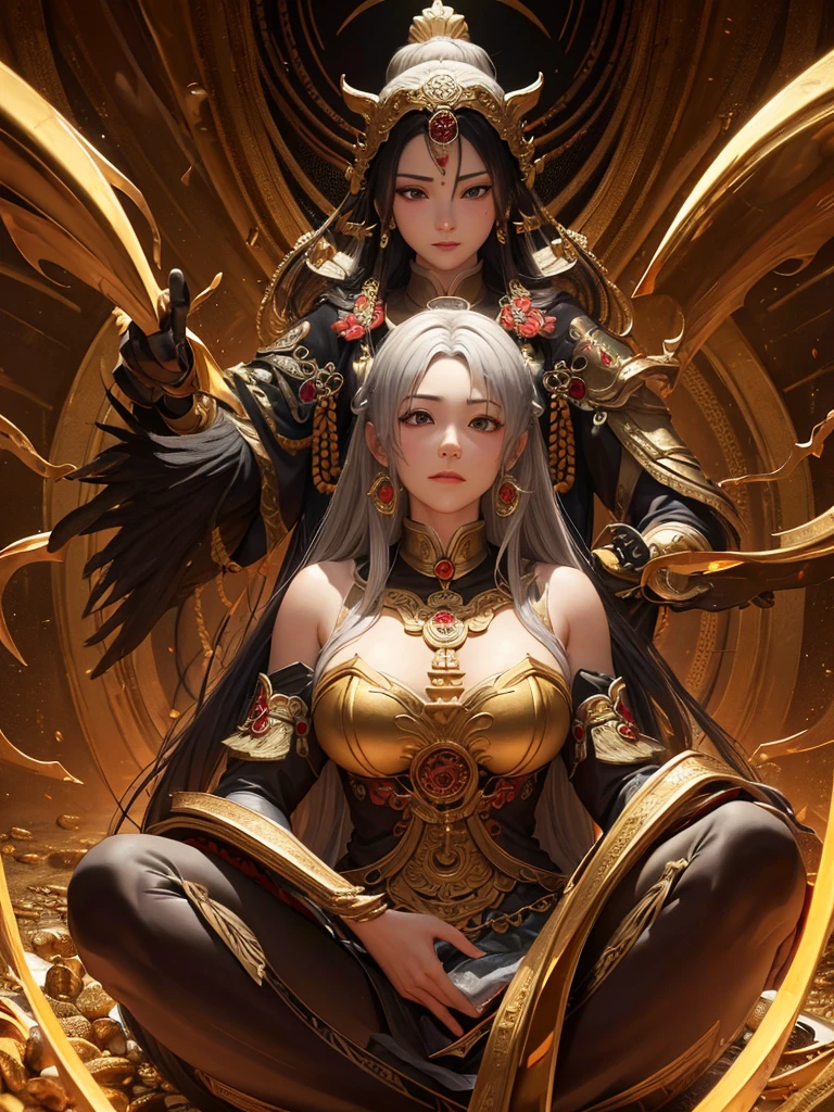 (maximum quality, exquisite design, better lighting, better shading), statue in the form of Yin Yang, under the moon and sun, detailed and realistic details, intricate, carved in gold and silver marble (only the multicolored hair), shining with moonlight and sunlight, a perfect balance between light and dark, mystical and serene.