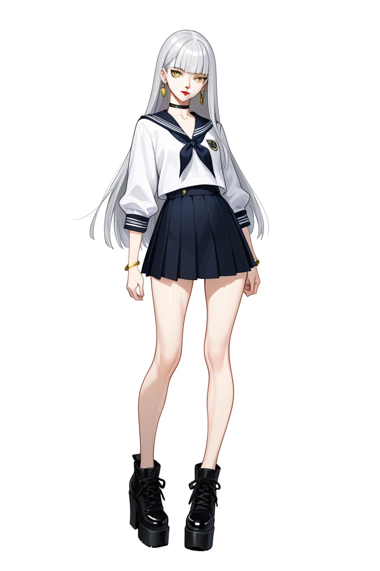 best quality, high resolution, distinct image, 1girl,white long hair,princess cut hairstyle,black Japanese school uniform jacket,white shirt,yellow necktie,grey and white striped/checkered miniskirt(Carrying a Japanese longbow on the back),perfect body, wied hip, narrow waist, full body