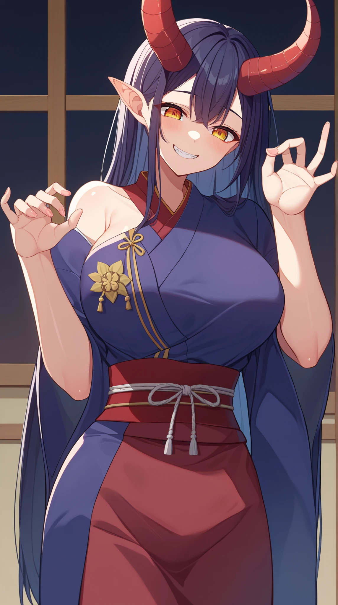 absurdres extremely detailed CG,high resolution,best quality,best masterpiece,super fine illustration,vibrant colors,8k wallpaper,dynamic depiction,dynamic angle,dynamic pose,depth of field,cinematic lighting,one mature female,solo, BREAK,kunoichi,ninja mask,glossy black hair,shiny hair,Silky hair,long Straight hair,deep detailed eyes,light purple eyes,glowing eyes,natural make,seductive smile,in ryokan,yukata,more_details:-1, more_details:0, more_details:0.5, more_details:1, more_details:1.5,JAPANESE SCENE