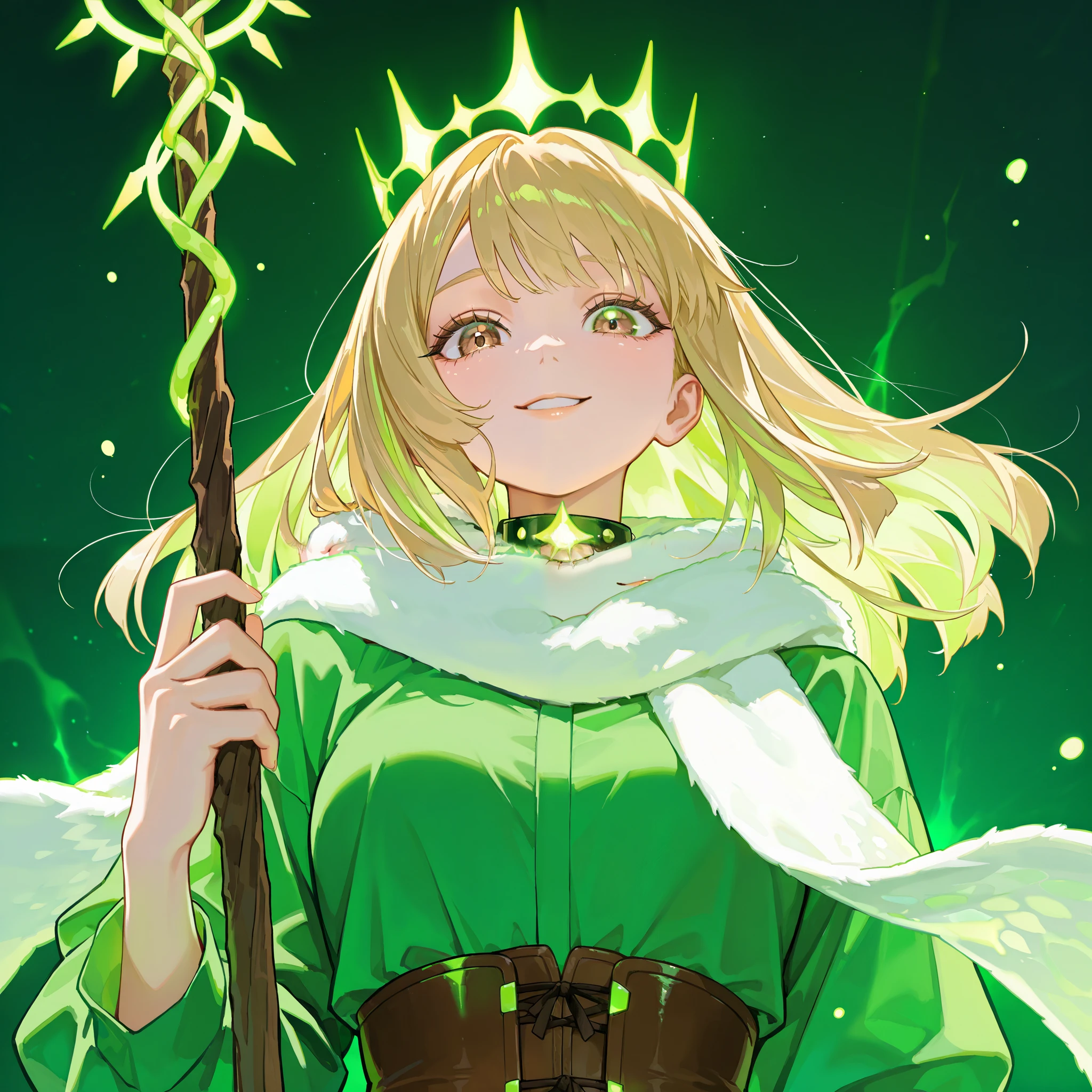 close-up: blonde girl with long light golden hair, fluttering in the wind , hair ends, see below, long-haired, very big eyes, brown-eyed , brown eyes с её глазами, emphasis on the eyes , surprisingly wide patterns, brown eyes, Glass retina, green shirt , shiny brown corset, collar, white fur scarf with a surprisingly wide pattern, plump lips slightly covered , I put my finger to my lips, Looking at the viewer, rosy cheeks, smile, green liquid pours out of the sky, shame and happiness, shine, jumpsuit best quality, Glass retina, on a dark green background , large bright green bubbles, green aura , a crown of glowing green drops, hanging above me, Radiance all around, Bright green light, green liquid pours from the sky, bright green glowing liquid. thin and elegant , thin and slender, emphasis on the eyes, holds a staff with a green stone, brown wooden staff with green stone, one wooden staff in hand, green glowing stone, one curved wooden staff, close-up