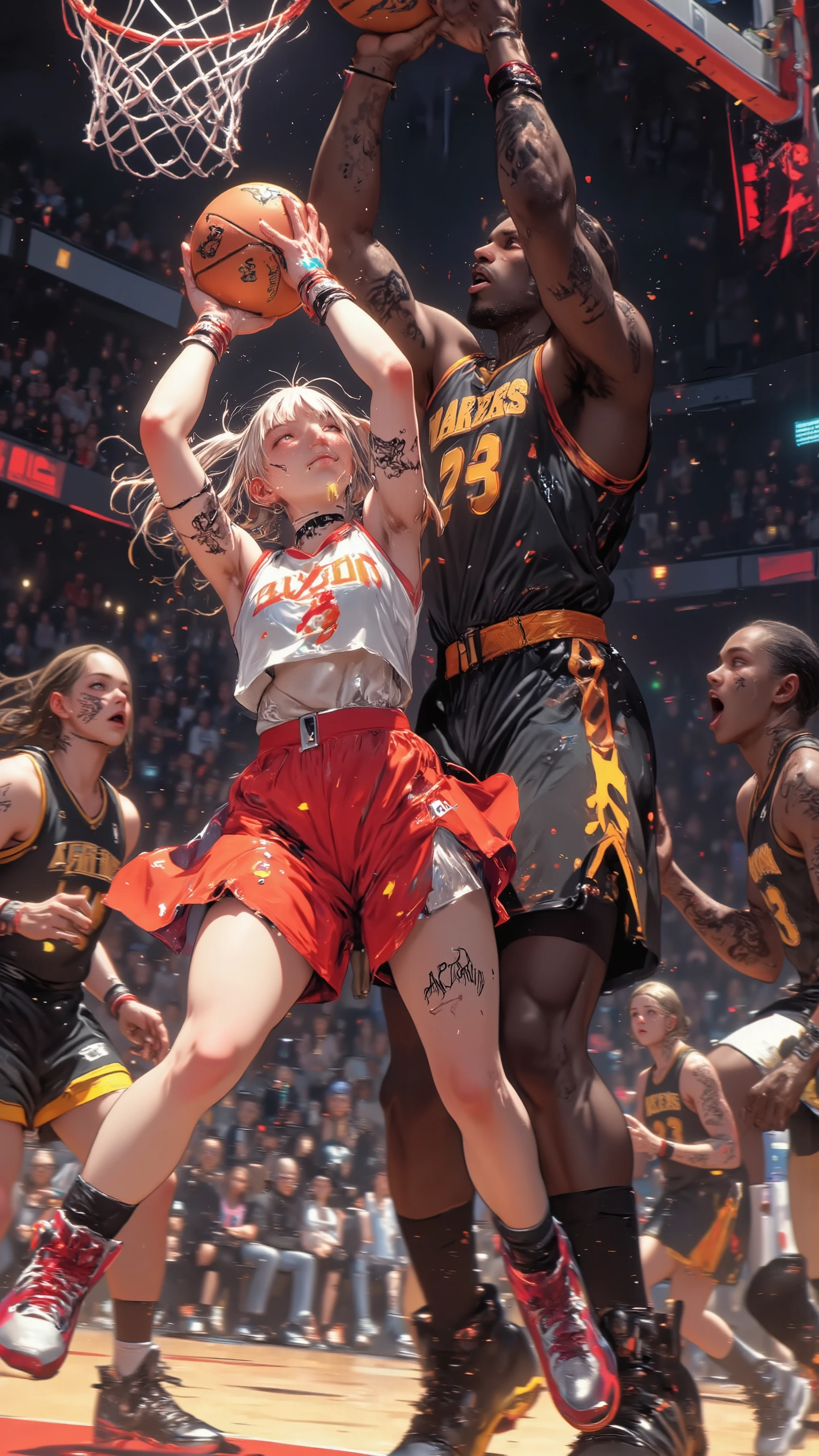 Beautiful warrior girl who is very active in the NBA, TV anime,

((NSFW)),
PosingDynamicsDaal,
Motion blur,

1girl, 3guys,
Dynamic composition,
Looking up from below,
A large girl in the foreground,
A tall black player from the opposing team in the background,
The basketball hoop is visible behind her,

A girl is holding a basketball with both hands and trying to shoot,
A muscular black player from the opposing team is blocking her from shooting,
A professional basketball game,