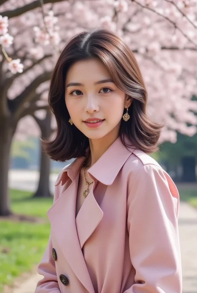 (RAW Photos), (Photo Real), (masterpiece), (Highest quality), High resolution, 8K resolution, (Intricate details), (Volumetric Light), Portraiture, woman, 30 years old, Medium Hair, Layered Hair, Brown Hair, Highly detailed eyes, Source order, Very thin eyebrows, Highly detailed skin, Highly detailed mouth, Highly detailed nose, Cute like an idol, smile, ((Pink lipstick)), ((Look at the viewers)), (An elegant and transparent red see-through short-sleeved dress), ((Randomly oriented bodies)), green park background, Facial posture looking up at the sky, Full body shot,