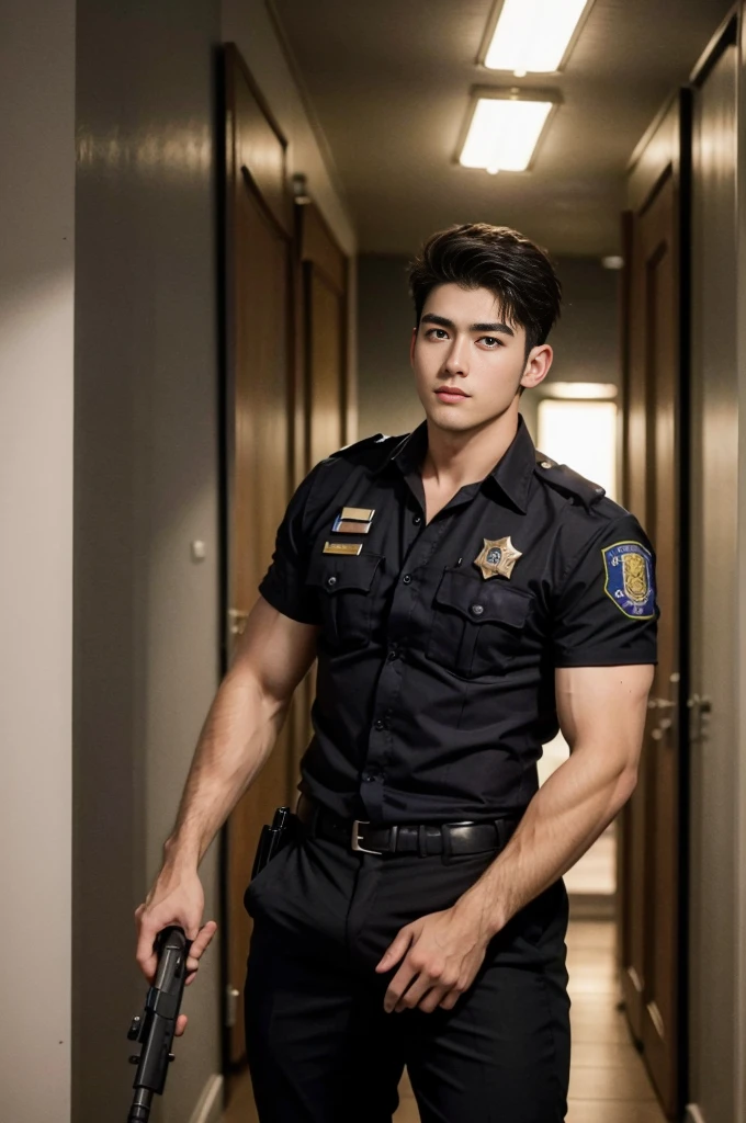 ung handsome guy,18-20 years old,Angular,Sense of aggression,police officers,Interpol,hallways,The gun is handsome,musculous,hairy bodies,police uniforms(Fine eye 1:3),Black eyes,full bodyesbian