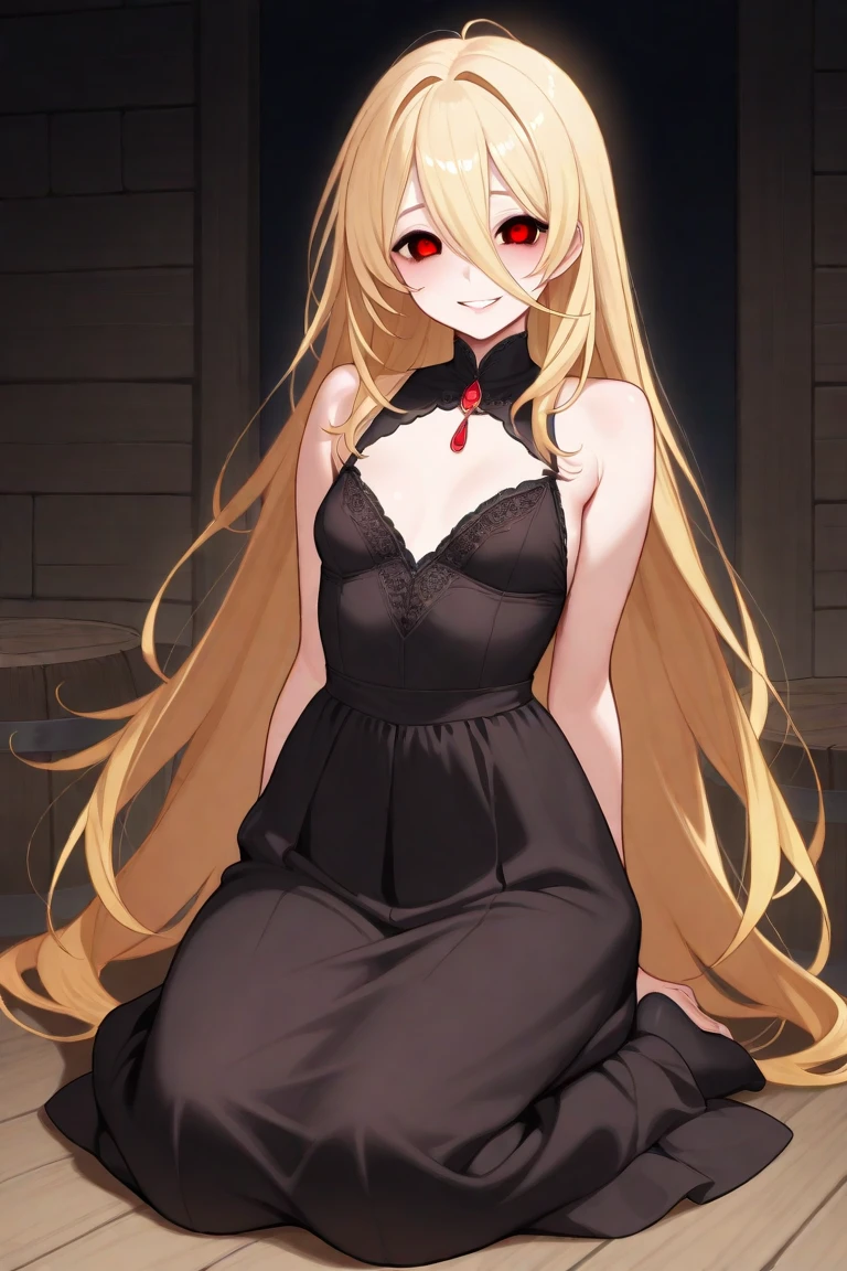 masterpiece, 1 girl, standing, red halo, seen from below, looking at viewer, long hair, blonde hair, red eyes, forehead, glowing eyes, open mouth, smile, skin fang, gothic, bare shoulders, mansion, indoors, blurry,
