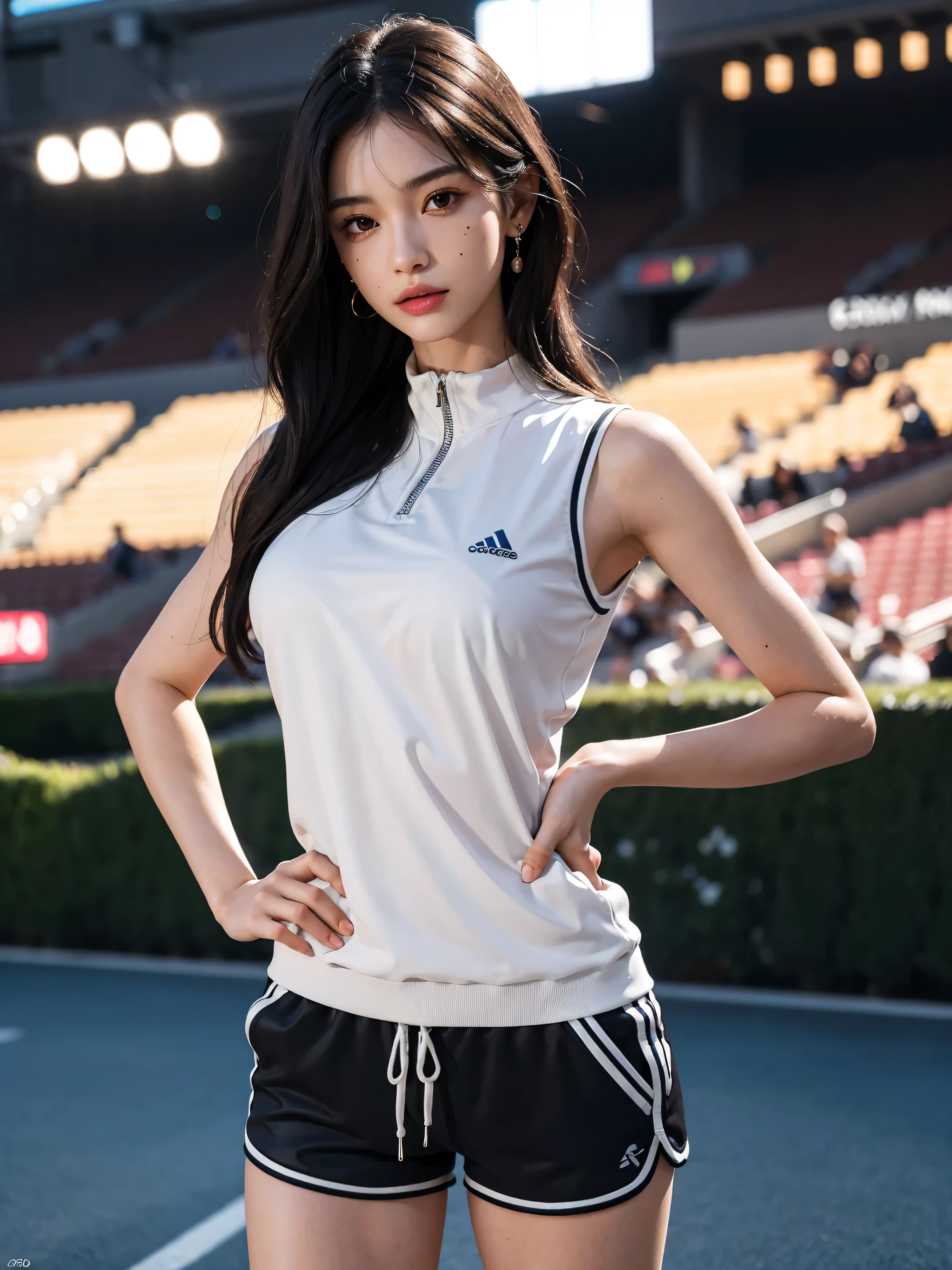 1 beautiful girl, alone, white sneakers, tennis wear, white mini skirt, masterpiece, highest quality, realistic, very detailed, (shiny skin, sweaty:1.4), absurd, looking at the viewer, short black hair, brown eyes, thin, dynamic lighting, High resolution, sharp focus, written boundary depth, fine eyes, sharp pupils, (thick thighs:1.0), outdoor, half open mouth、anatomically correct body