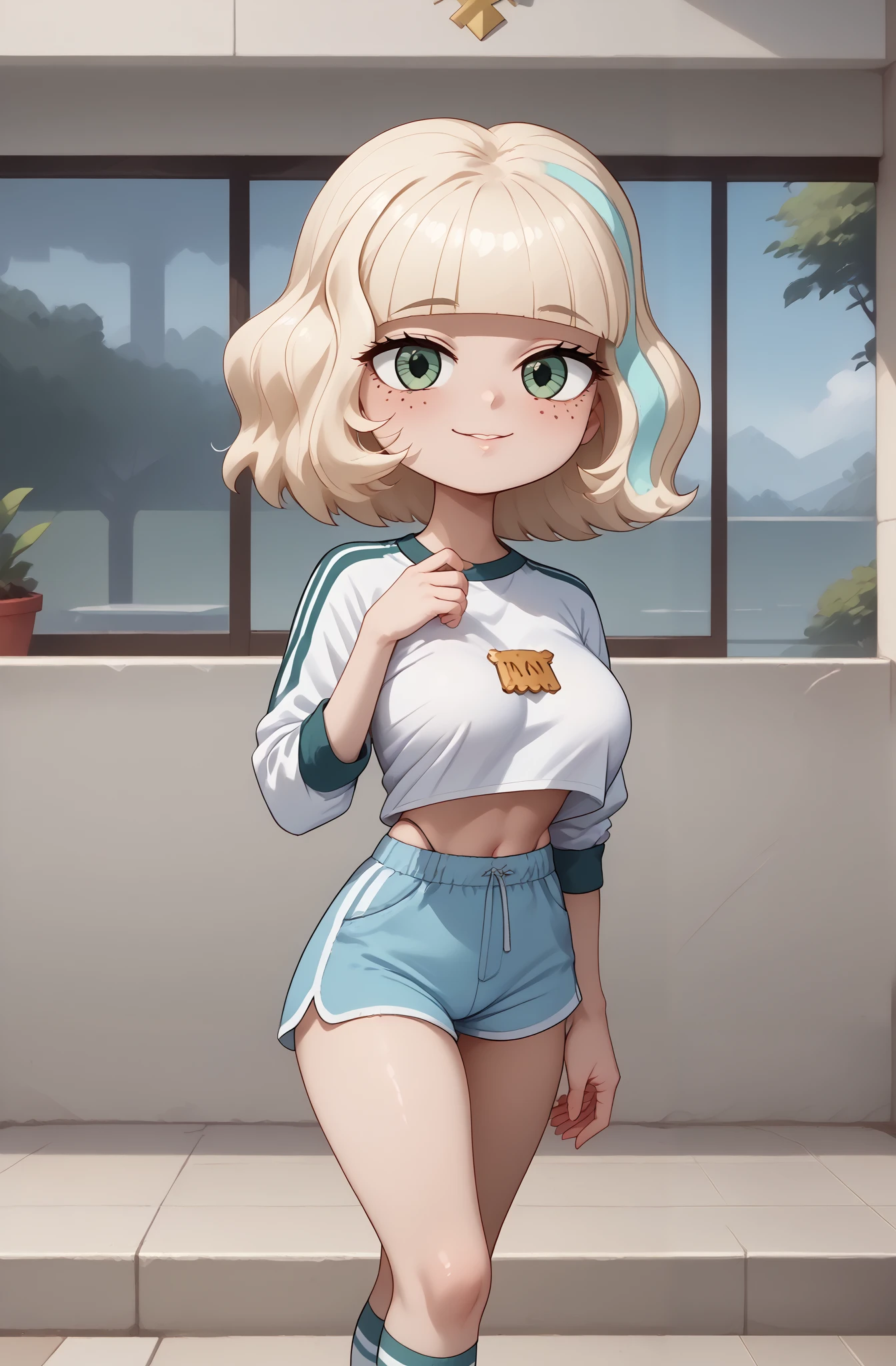 highly detailed skin texture, finely detailed hair, perfect face, perfect body, perfect hair, perfect anatomy, portrait, dynamic angle, wide view, wide-angle lens,, extremely detailed, CG, 8k Amazing, finely detail)), (intricate details, depth of field), 8k UHD, (masterpiece, best quality),(amazing quality,very aesthetic,absurdres,best quality,newest, masterpiece)), ultra detailed, best quality, beautiful face, perfect anatomy, anatomically correct, athletic sexy body, Expressiveh, (cute face, cute body))), (((Jackie Lynn Thomas,1girl,solo,short hair,blonde hair,shirt,long sleeves,green eyes,white shirt,shorts,medium hair,kneehighs,freckles,blue tight shorts,raglan sleeves, high wasted thong), cowboy shot, bursting breasts))), ((large breasts, slim sexy body, curvy hips, seductive pose, flirting, naughty face, blush)), (((looking at viewer, happy smile, joy, cowboy shot, dynamic pose)))), curvy, toned, athletic, standing, arms up, (((seductive pose, sexy pose, cowboy pose)), indoors,((hourglass figure)), ((pinup pose, seductive pose,dynamic pose, seductive), ((precise face and eyes:1))