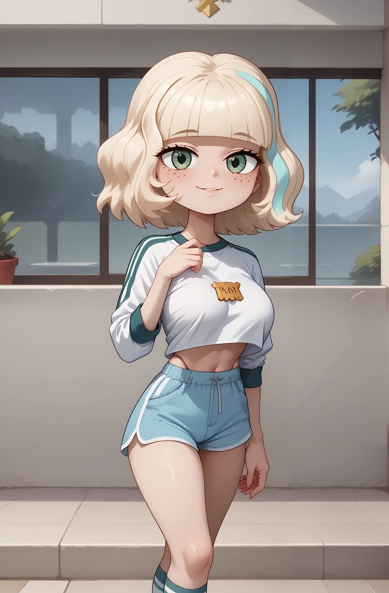 highly detailed skin texture, finely detailed hair, perfect face, perfect body, perfect hair, perfect anatomy, portrait, dynamic angle, wide view, wide-angle lens,, extremely detailed, CG, 8k Amazing, finely detail)), (intricate details, depth of field), 8k UHD, (masterpiece, best quality),(amazing quality,very aesthetic,absurdres,best quality,newest, masterpiece)), ultra detailed, best quality, beautiful face, perfect anatomy, anatomically correct, athletic sexy body, Expressiveh, (cute face, cute body))), (((Jackie Lynn Thomas,1girl,solo,short hair,blonde hair,shirt,long sleeves,green eyes,white shirt,shorts,medium hair,kneehighs,freckles,blue tight shorts,raglan sleeves, high wasted thong), cowboy shot, bursting breasts))), ((large breasts, slim sexy body, curvy hips, seductive pose, flirting, naughty face, blush)), (((looking at viewer, happy smile, joy, cowboy shot, dynamic pose)))), curvy, toned, athletic, standing, arms up, (((seductive pose, sexy pose, cowboy pose)), indoors,((hourglass figure)), ((pinup pose, seductive pose,dynamic pose, seductive), ((precise face and eyes:1)) 