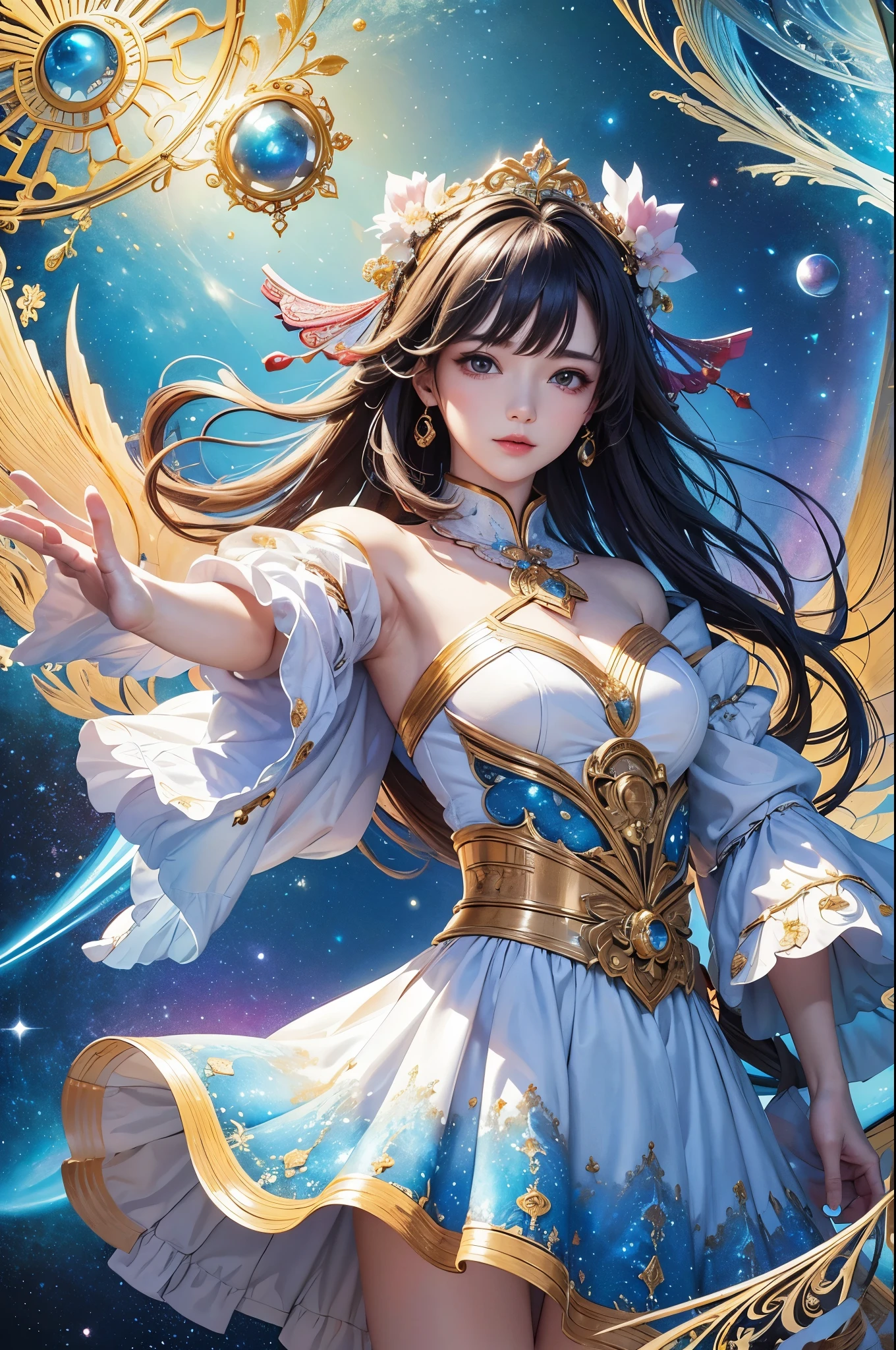 (masterpiece、top-quality、top-quality、Official art、Beautifully Aesthetic:1.2)、(1girl in)、ighly detailed、(Fractal Art:1.3)、colourfull、highestdetailed、dynamic compositions、Poses in motion, thander theme, galaxy