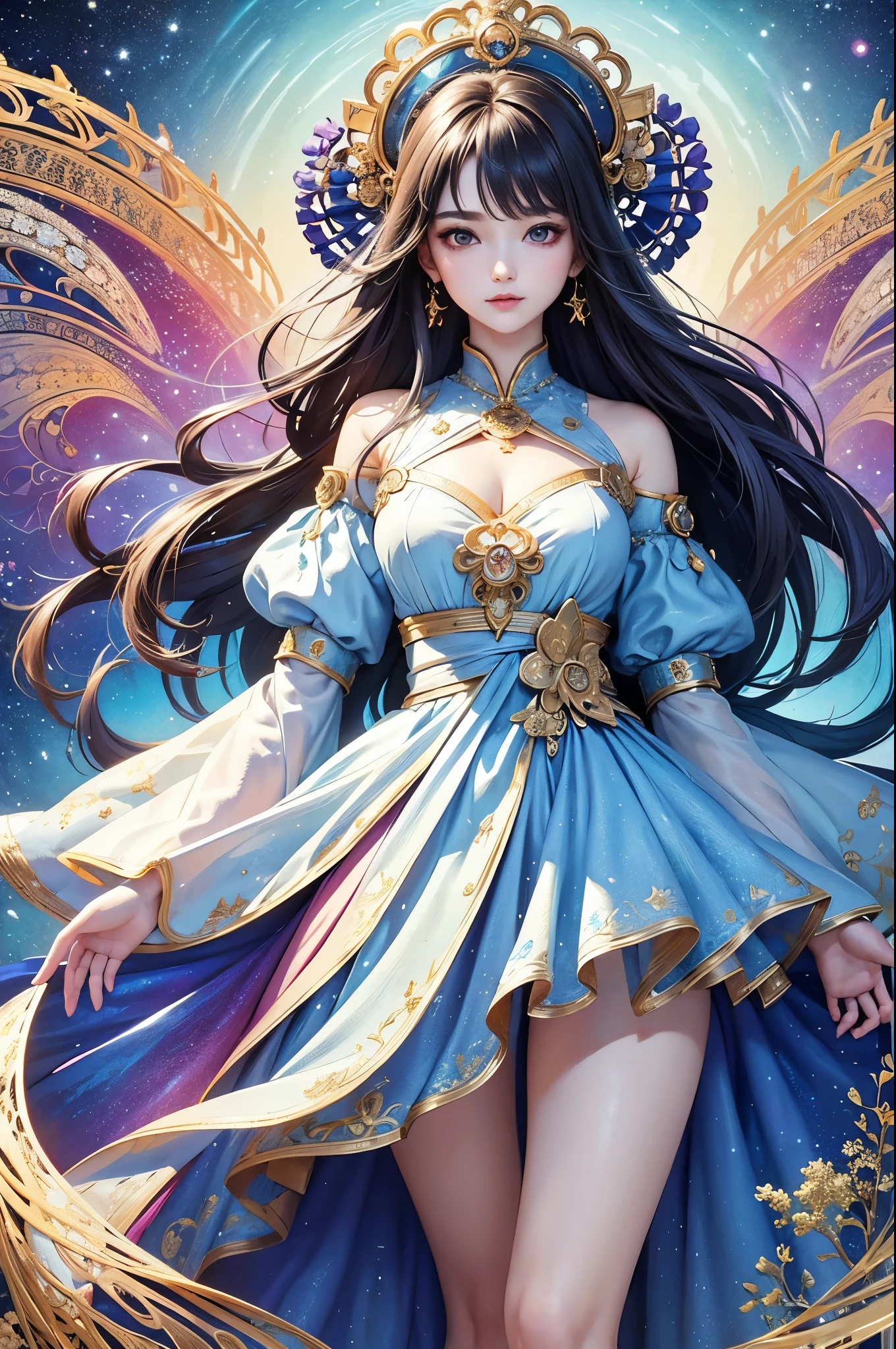 (masterpiece、top-quality、top-quality、Official art、Beautifully Aesthetic:1.2)、(1girl in)、ighly detailed、(Fractal Art:1.3)、colourfull、highestdetailed、dynamic compositions、Poses in motion, thander theme, galaxy