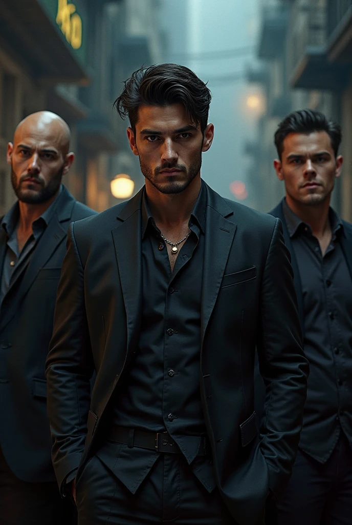 Three masculine men,no beard and clear-cut jaws,with strong physique and confident postures,masterfully crafted features,detailed eyes and sharp gazes,richly textured leather jackets and tailored suits,standing in a dimly lit room with dramatic shadows and subtle highlights.With ultra-realistic rendering and high-res details that capture every wrinkle and imperfection,Mafia vibes resonate through the scene.The composition depicts their dominance and power,conveying a sense of mystery and intrigue.The colors are deep and moody with a noir aesthetic,accentuating the clandestine atmosphere.The lighting is soft and directional,casting dramatic shadows,enhancing the intensity of the scene,making it visually captivating and full of depth.
