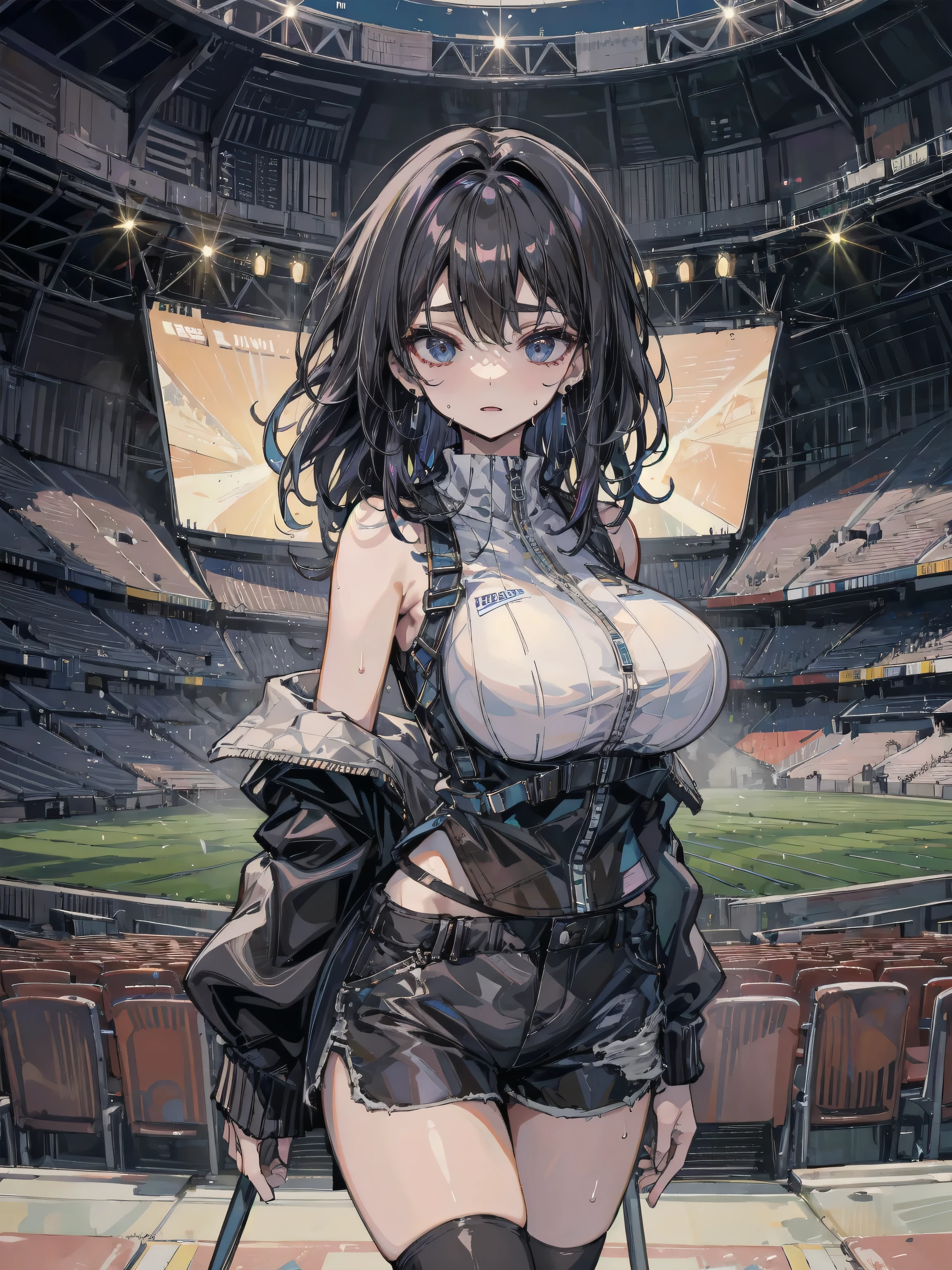 a selfie taken by Battle Angel Alita in a UEFA 2024 stadium while players are playing a match, big boobs, cyberpunk, smiling, sexy, big black wings