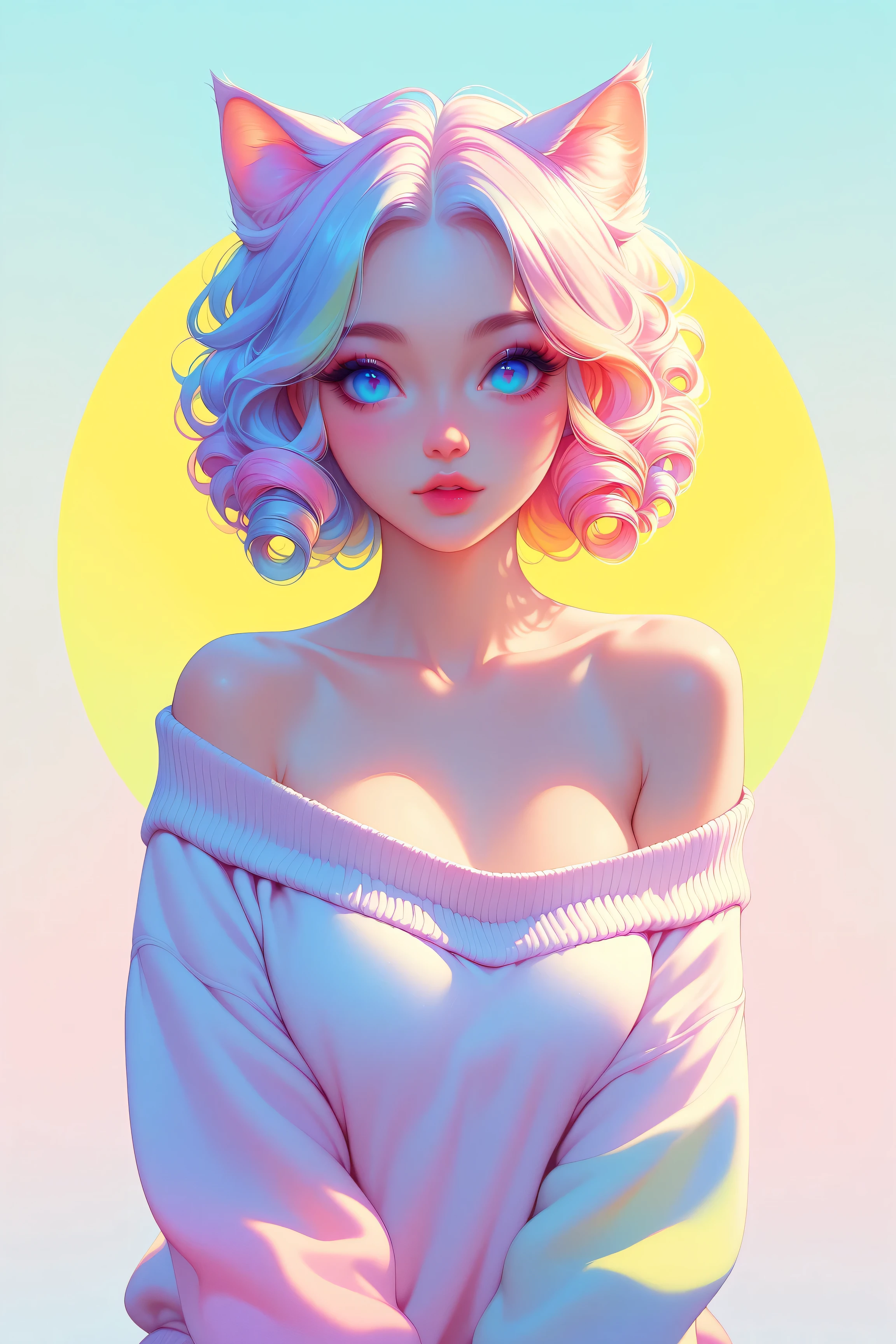 random hot and busty korean catgirl, curly ends, cat ears, pastel color palette, no background, pastel background, colorful background, off the shoulder sweater,  