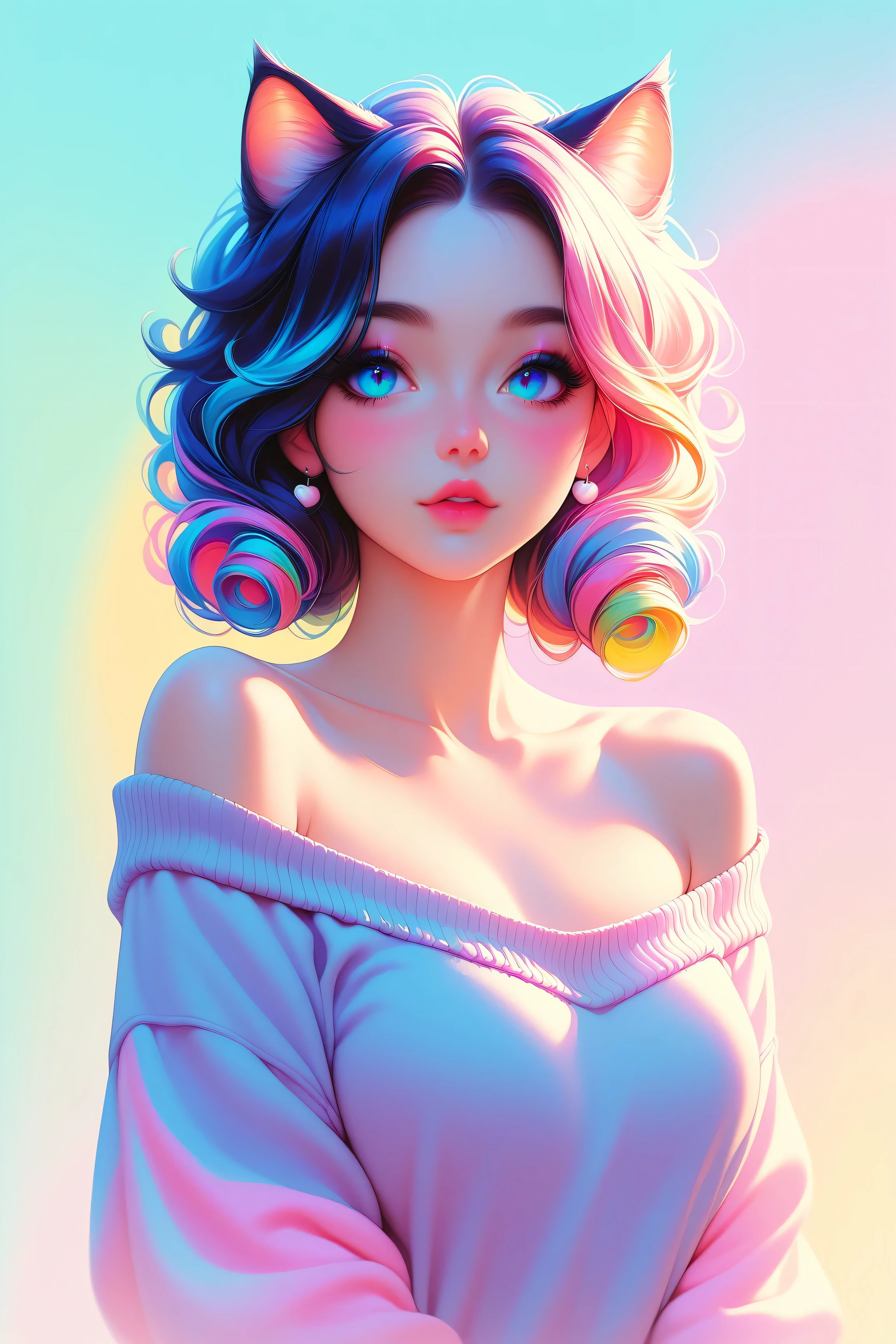 random hot and busty korean catgirl, curly ends, cat ears, pastel color palette, no background, pastel background, colorful background, off the shoulder sweater,