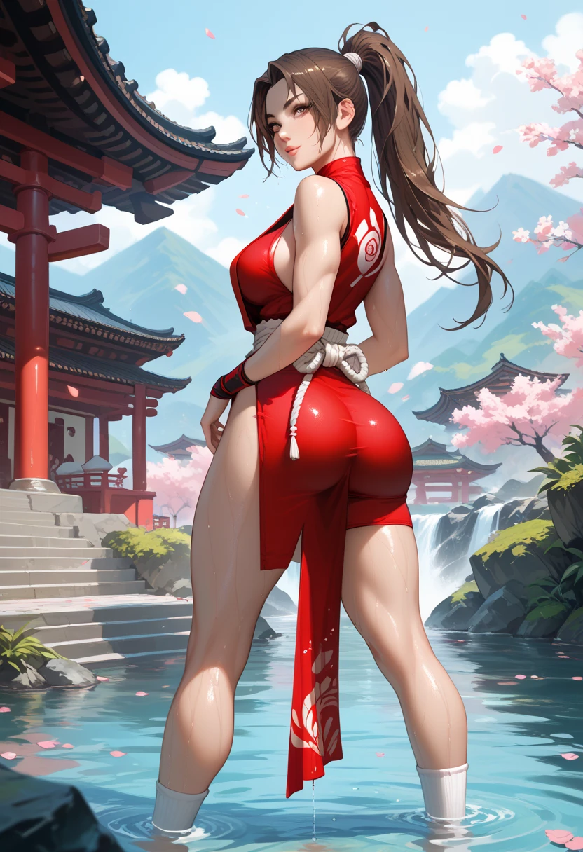 (masterpiece, best quality),<lora:shiranui_mai:0.8>,shiranui_mai,japanese clothes,revealing clothes,high ponytail,pelvic curtain,ninja,thighs,