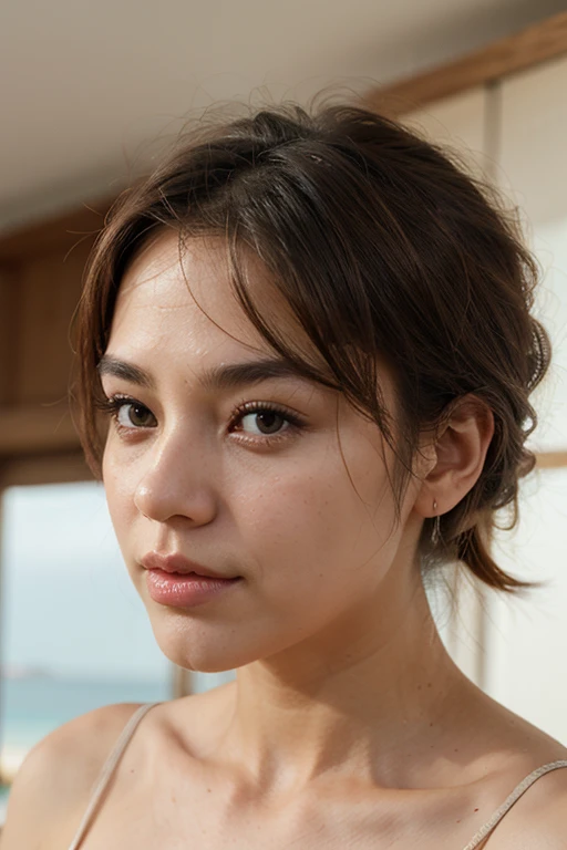 (Masterpiece:1.3), (8k, photoreallistic, Photo brute, Best quality: 1.4), Peuple japonais, (1 fille),25 ans, beau visage, (realistic face), (cheveux noirs, Cheveux courts:1.3), belle coiffure, realistic eyes, beaux yeux, beaux yeux, (realistic skin), belle peau, attractif, ultra high def, High definition, Gros plan, portrait, golden ratio, face detail, Regardez le spectateur, sourire, (Shoulder look), Poitrine moyenne,