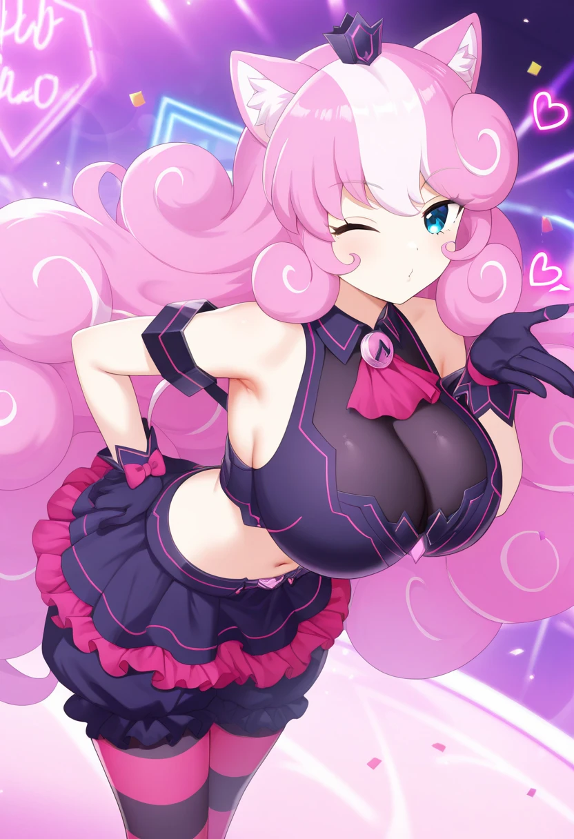 Happy , with wolf ears and pink hair, holding her cheeks, wolf tail, wearing a latex dress, looking at veiwer, full body, you can see her chest, naked breasts