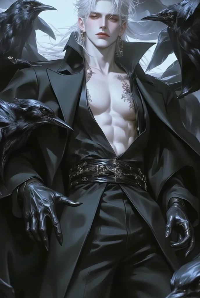 He is only wearing black pants, and his body covered in chains