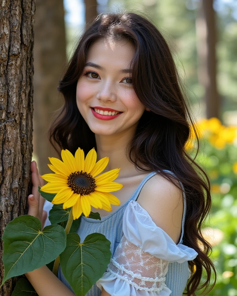 1girl, solo, HQ, :d, blue eyes, blurry, blurry foreground, brown eyes, brown hair, depth of field, dress, flower, holding flower, letterboxed, long hair, open mouth, petals, rose, smile, standing, standing, sunflower, very long hair, white dress, white flower,
