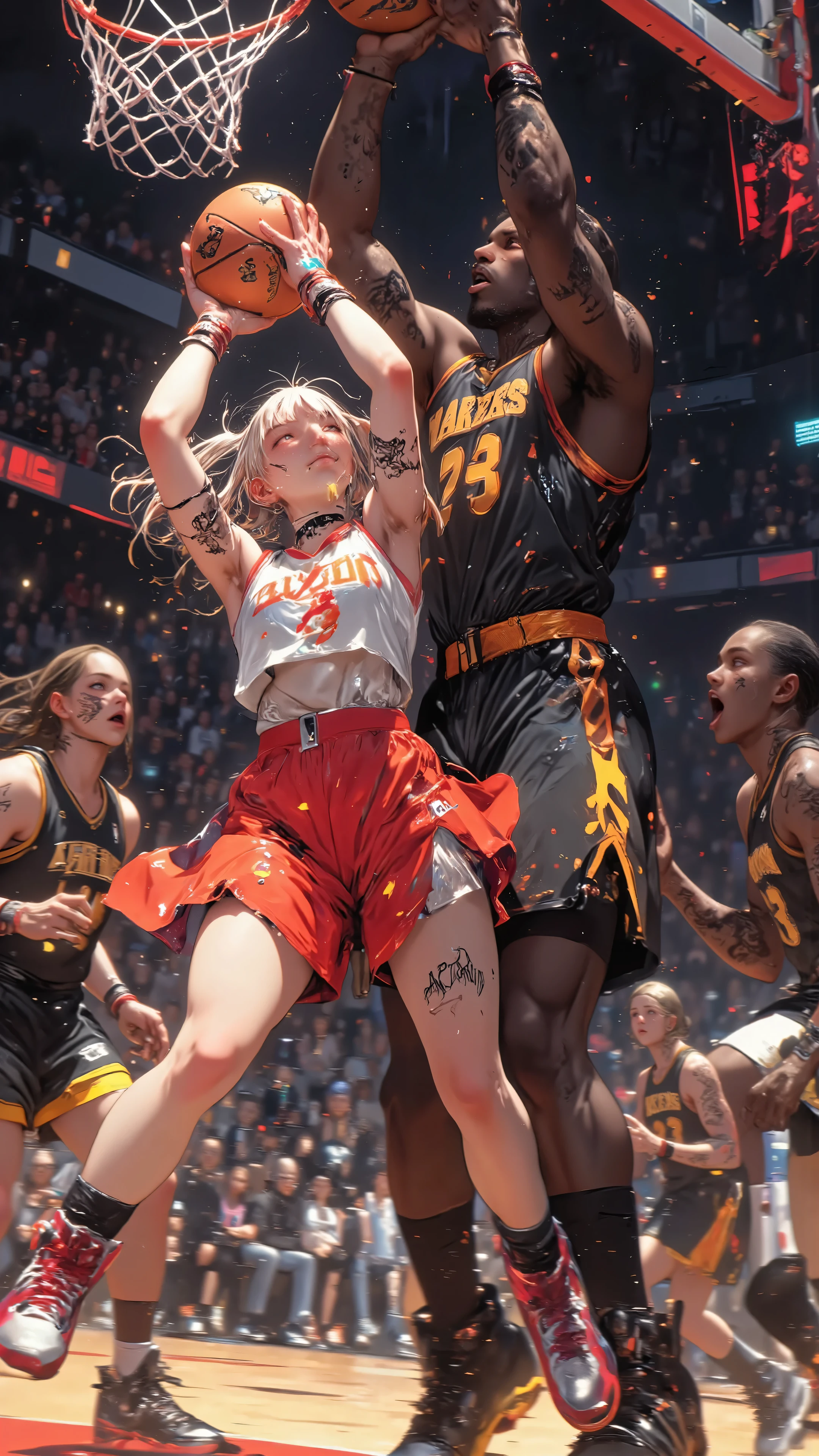 Beautiful warrior girl who is very active in the NBA, TV anime,
((NSFW)),
PosingDynamicsDaal,
Motion blur,
1girl, 3guys,
Dynamic composition,
Looking up from below,
A large girl in the foreground,
A tall black player from the opposing team in the background,
The basketball hoop is visible behind her,
A girl is holding a basketball with both hands and trying to shoot,
A muscular black player from the opposing team is blocking her from shooting,
A professional basketball game,