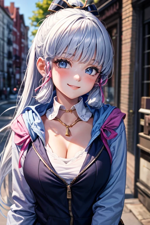 I'm wearing a hoodie over my blazer、Beautiful girl,a smile,top-quality,huge tit,girl,masterpiece,Erotic cute,blue eyess,academy,beautiful a girl,超A high resolution,