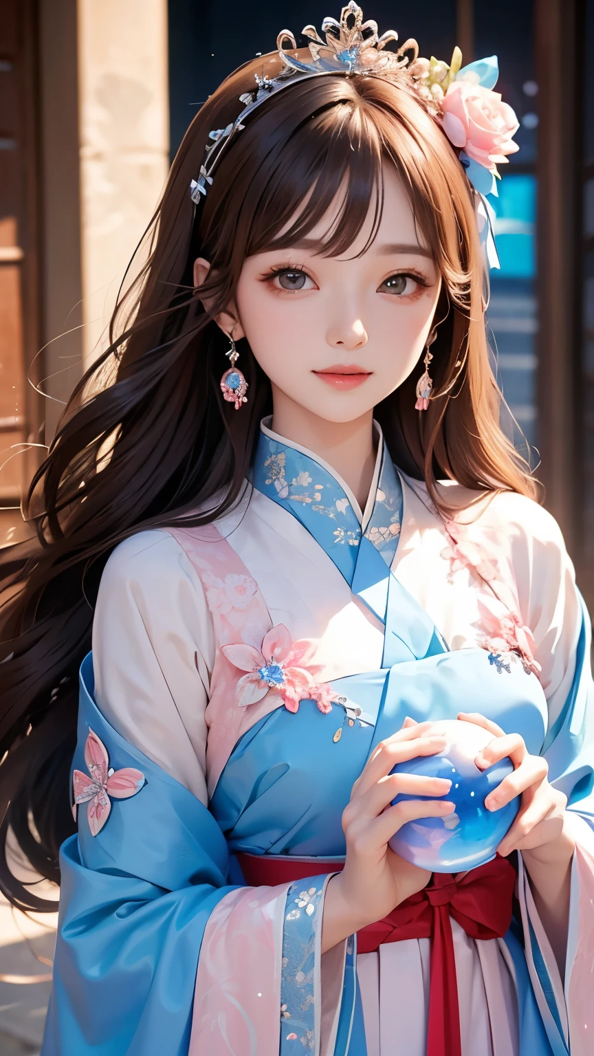 Her body and face are fully Front -facing, with her eyes gazing directly forward. Full Front , Center, Body orientation: Front , Front , Center, South Korea^, Japanese, beautiful women, 30th Generation, looking at camera, Front -facing, line of sight Front , upper body, gorgeous, Wear only Charisma , EfFront , body Front ., Tit
Roll、Reddish brown hair、very long hair、light blue and pink hanbok、light blue and pink dress、Long Sleeve、 collar、 With collar、
Unexposed, Chima chogori, Korean traditional clothing, South Korea.
hanok, She holds a crystal ball that sparkles faintly, surrounded by floating symbols of love, such as hearts and intertwined rings. tiara, crown, princess, Castle, princess, long hair, gorgeous, pink dress, Heart's heart, Divine, Fantastic, smile. Fluffy Waves, goddess, close-up. Hair Flower, confidence, Light,
royal palace、 earrings、ribbon、bell、White fur