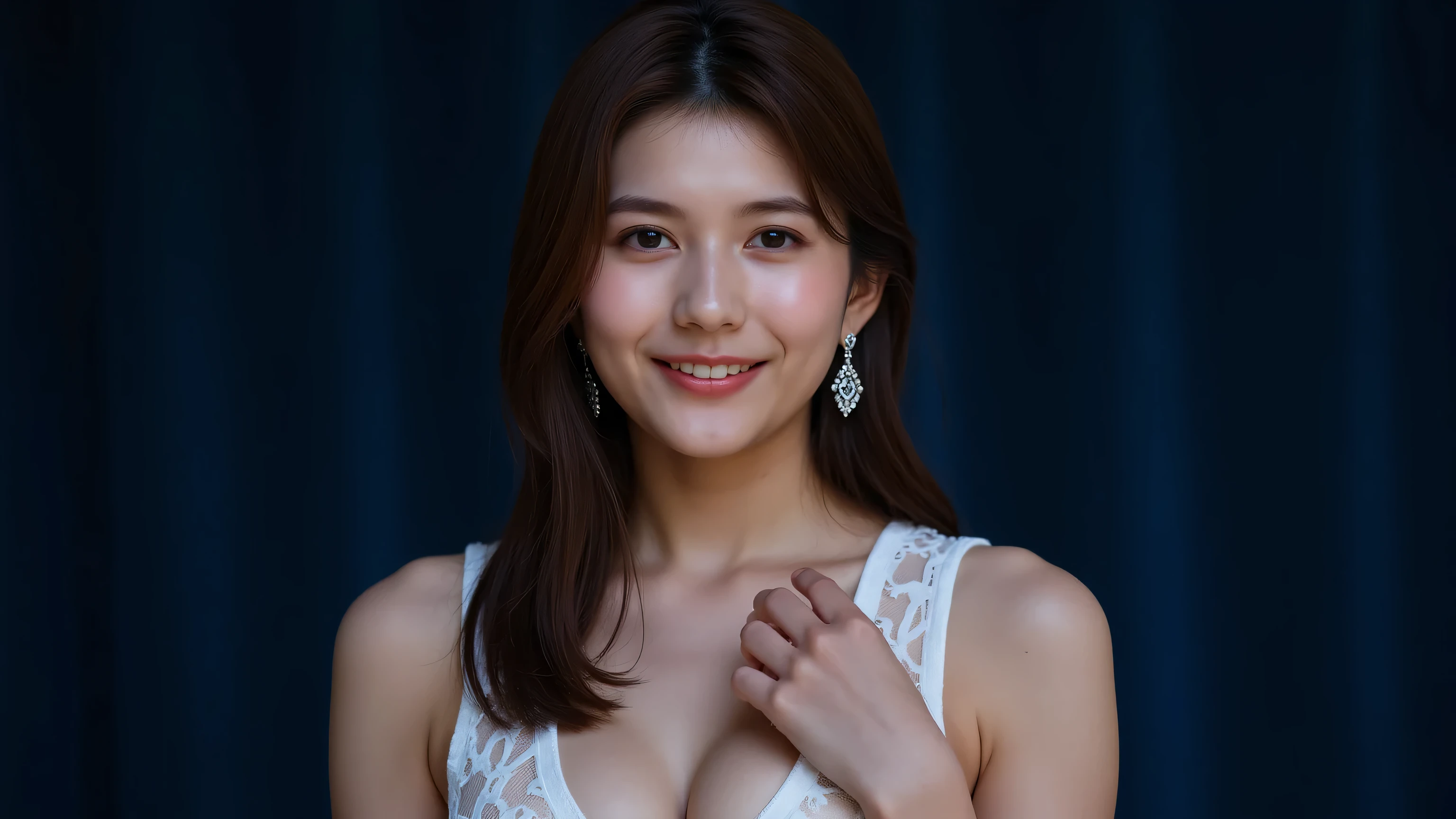 (( lace nightgown )) , Look above your collarbone 、 throat and put a cute smile on her face 、Age 32 、 garter、(((32k,best quality,High details,High detail、masterpiece, attention to detail , full body lesbian,solo))),RAW photo & Realistic Atmosphere, beautiful dark blue eyes ,very detailed face, detailed mouth,glossy lips,fine eyebrows,Detailed Eyes、soft white skin that shines in every detail、Deep blue、Very beautiful eyes ,lips,Slightly Open Lips, plump lips with a face and hairstyle,very pretty face,Very beautiful face,lifeのように face, Realistic teeth,double eyelids,Beautiful, shining lips, I want to kiss,soft chest,Hands touching chest, see-through underwear,Clothes with Open Chest,Elegant sleeveless shirt,Sensual Chest ,Chest bruise,raise the corner of your mouth,眩しいsmile,smile,string panties,Beautiful Eyebrows,earrings,Put your ears out,lip gloss,skin exposure,