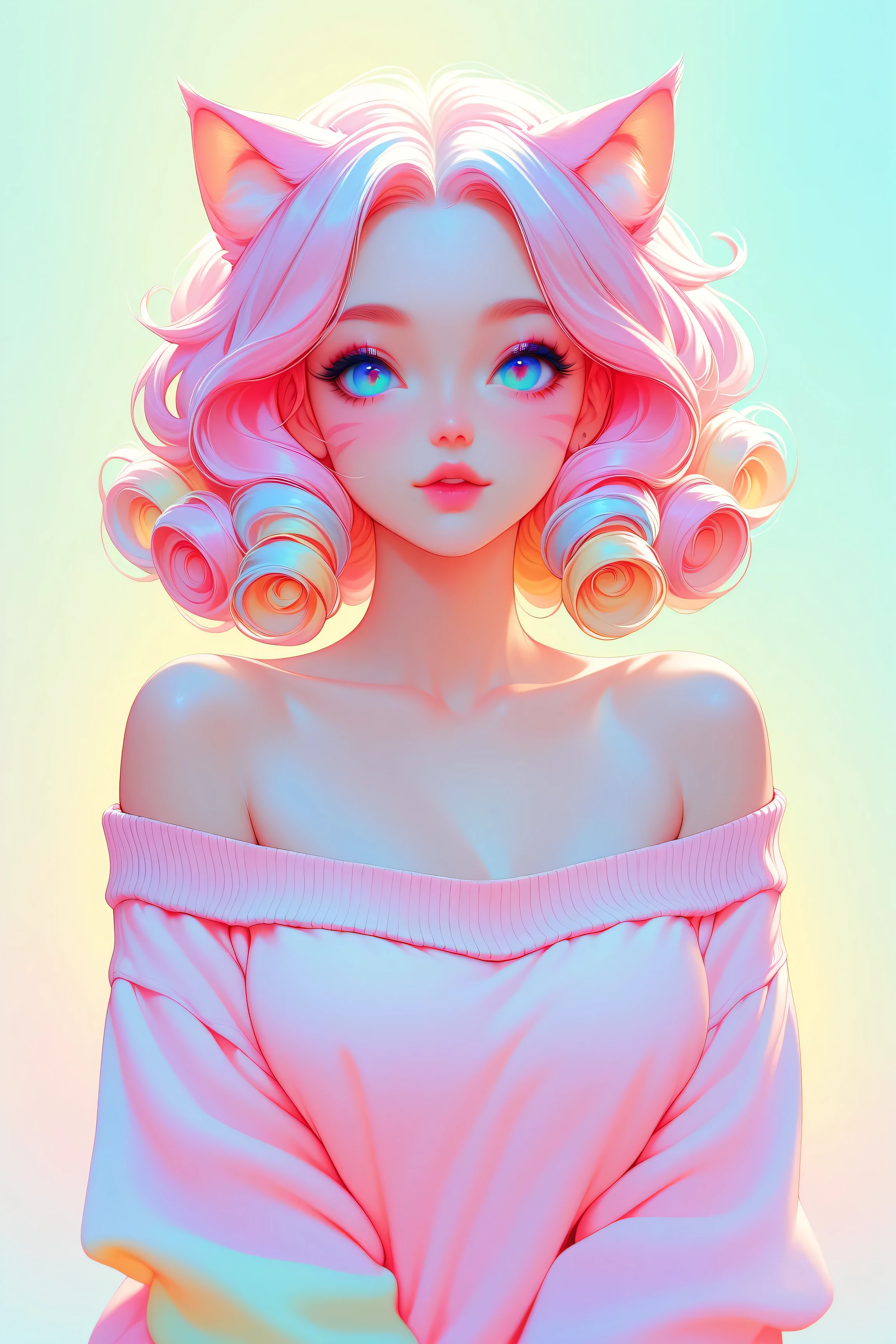 random hot and busty korean catgirl, curly ends, cat ears, pastel color palette, no background, pastel background, colorful background, off the shoulder sweater,  