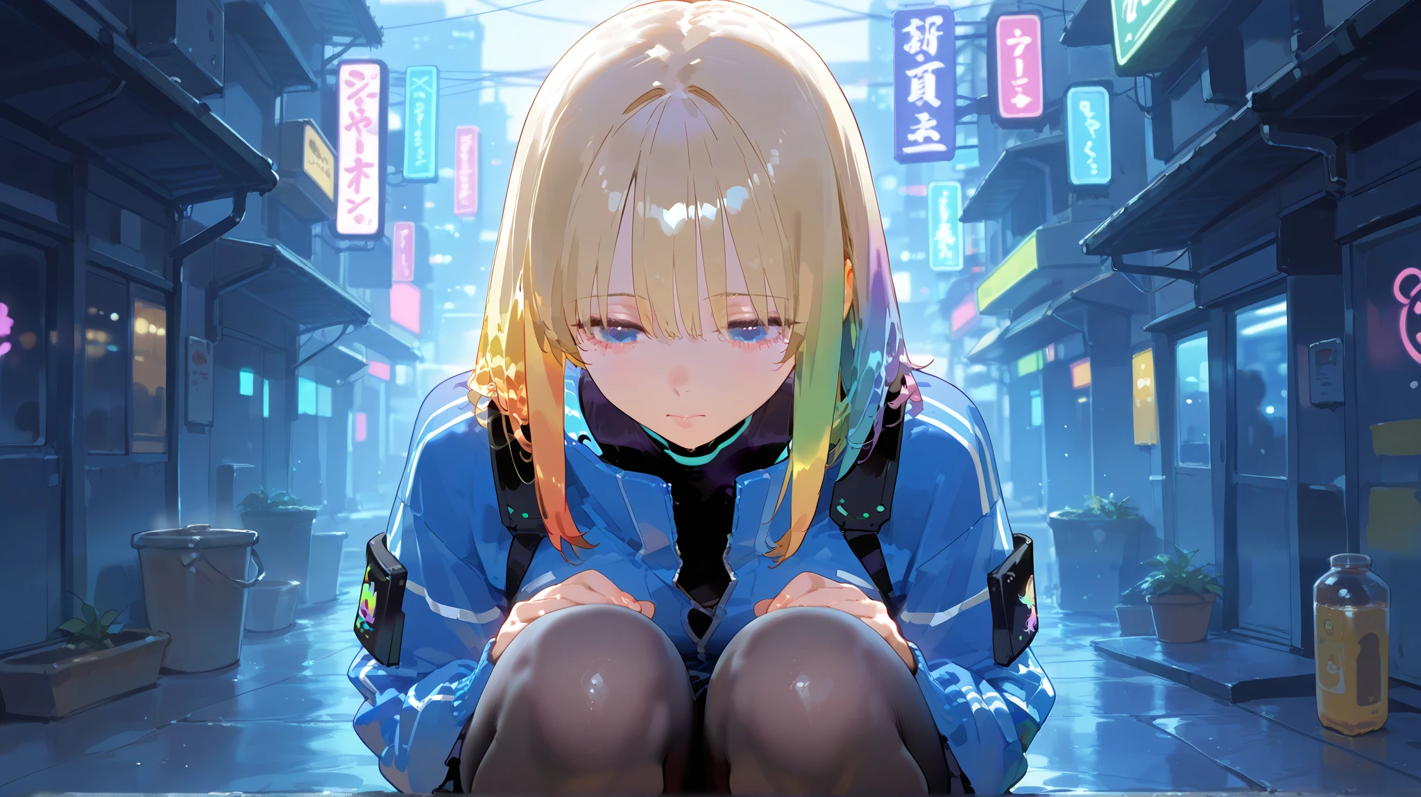 handsome,  lonely, Female 1,  medium hair, BLONDE,  rainbow hair, blue eyes, cyberpunk, tights