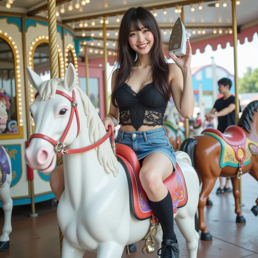 araffe woman standing in front of a carousel at night, rides, amusement park, profile pic, profile image, with neon lights, photo taken at night, smooth in _ the background, taken with the best dlsr camera, casual pose, beautiful image, at a park, nostalgic vibes, at night time, casual photography, photo taken in 2 0 2 0, (((((large breasts))))), smile
