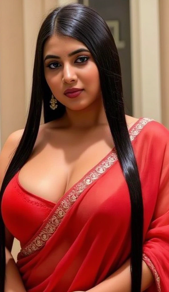 instagram photo, A one women posing for a picture in a stunning gold and red outfit. Showing boobs wearing a silk kurta with intricate embroidery, exuding elegance and grace."