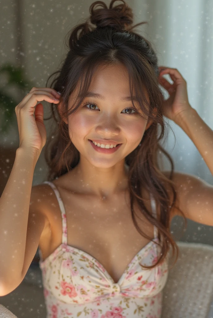 (masterpiece:1.2), highest quality, High resolution, One girl, (((Dressed as Santa Claus))), (Beautiful Japanese idol 12 year old girl), (((Very small breasts))), ((Baby Face)), (focus on her armpits), (((Sweaty armpits))), Armpit depression, ((((Dimpled Armpits)))), ((((Deeply wrinkled armpits)))), Large Christmas tree in the background, The background is the downtown area at night bustling with Christmas, Christmas lights balls bokeh