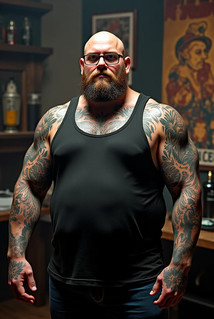 Bearded tattooed man with beer belly