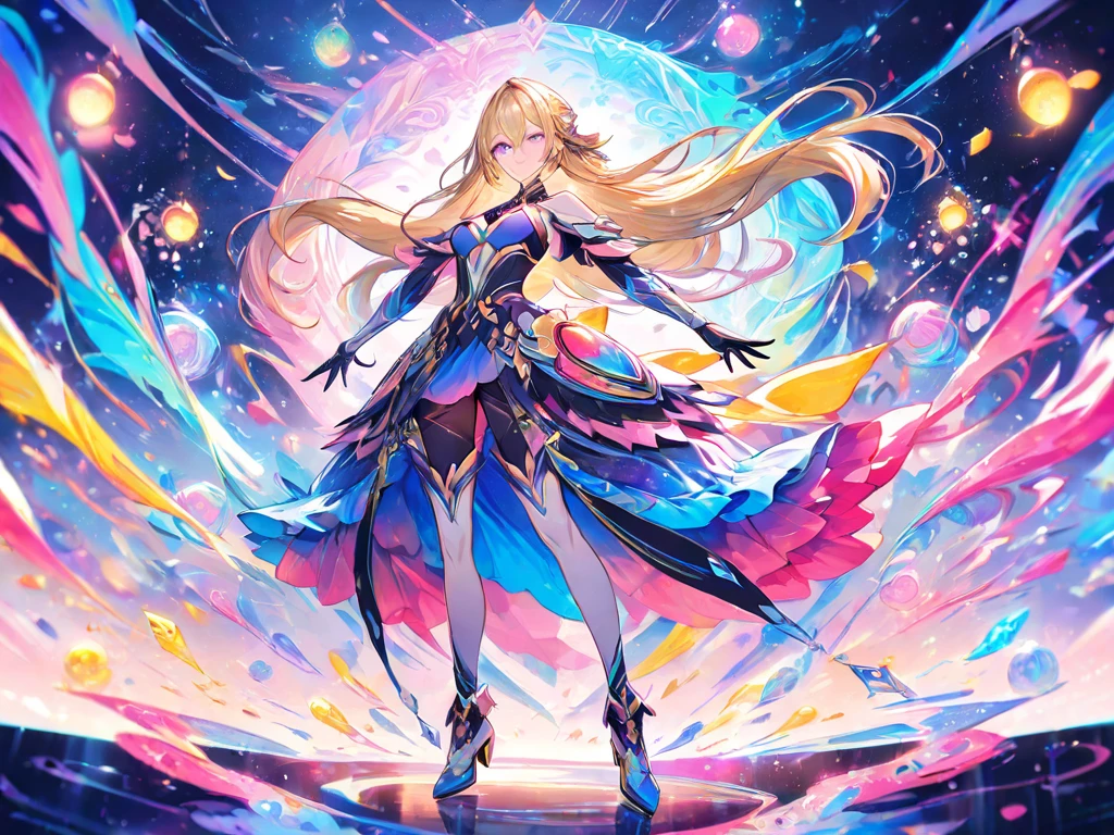 Beauty、Military Uniform Cosplay、Rainbow Colors、Image of crystal、Shining Holy Sword、Jump、attack、Swinging the Sword、Vibrant、whole body、Game Characters、High resolution, Winner of numerous awards, Highest quality, Anatomically correct, accurate, masterpiece, 男性が好きなBeauty