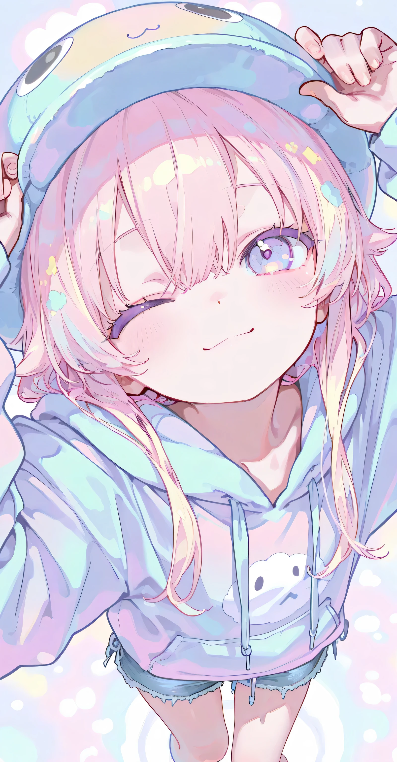 Anime girl with pink hair and blue hoodie posing for the camera - SeaArt AI
